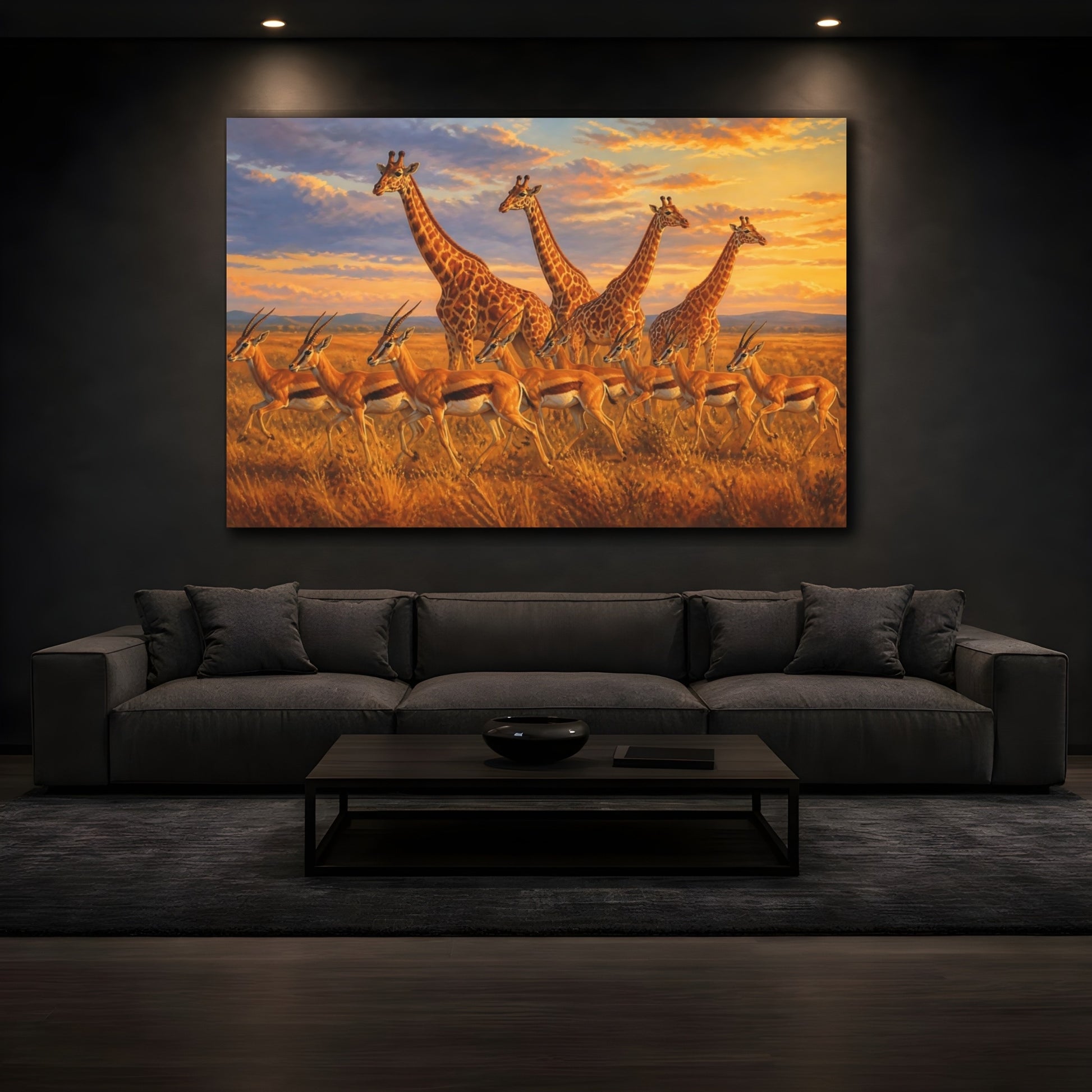 Mockup 4. Sunlit Natural Realism Giraffe And Antelope In Evening Grass shown as stretched canvas wall art