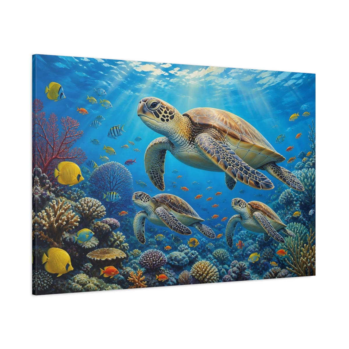 Side Mockup 1. Sunlit Natural Realism Sea Turtle And Fish Above Reef shown as stretched canvas wall art