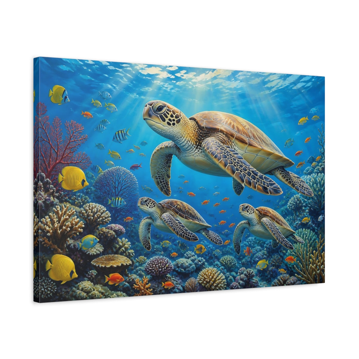 Side Mockup 2. Sunlit Natural Realism Sea Turtle And Fish Above Reef shown as stretched canvas wall art