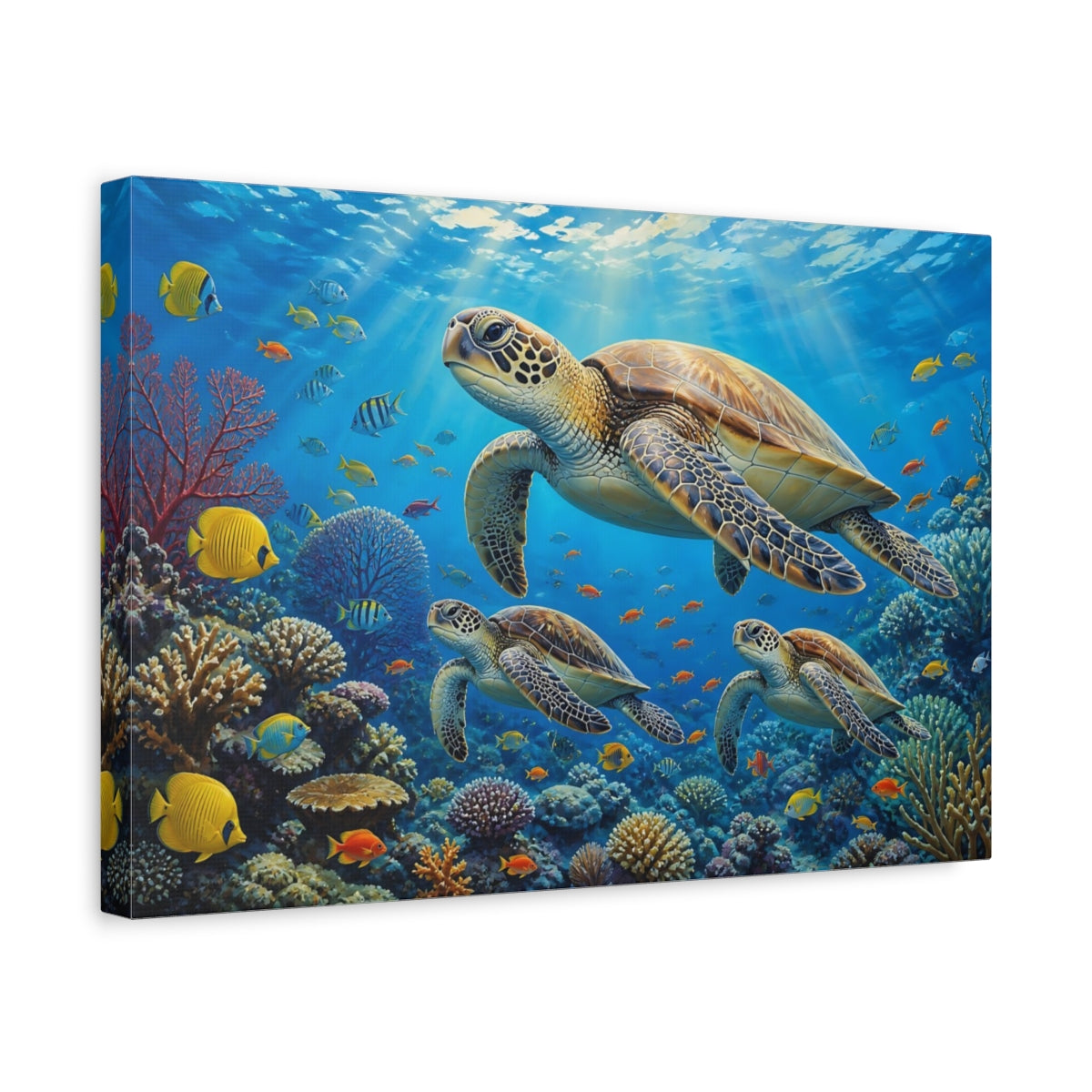 Side Mockup 4. Sunlit Natural Realism Sea Turtle And Fish Above Reef shown as stretched canvas wall art
