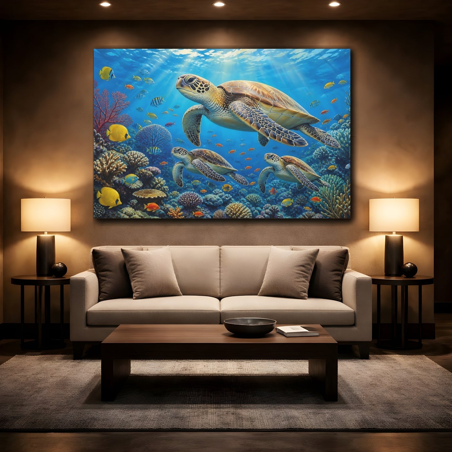 Mockup 2. Sunlit Natural Realism Sea Turtle And Fish Above Reef shown as stretched canvas wall art