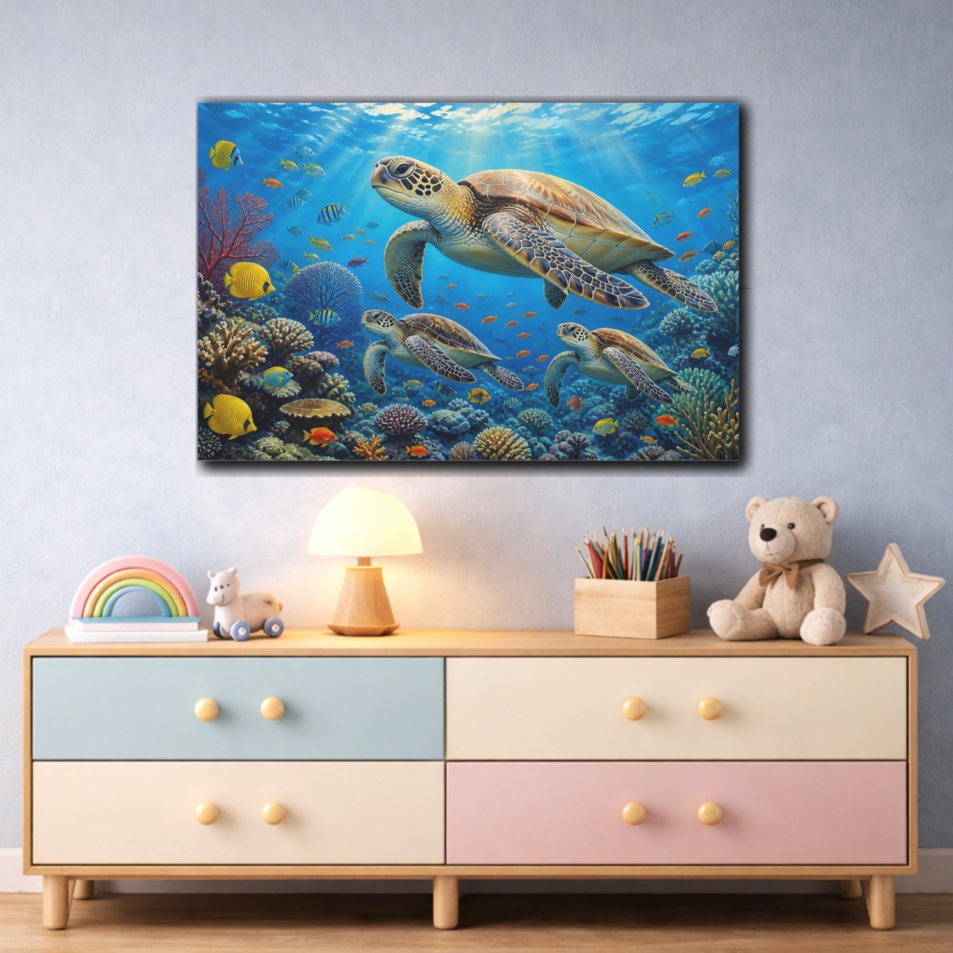 Mockup 3. Sunlit Natural Realism Sea Turtle And Fish Above Reef shown as stretched canvas wall art