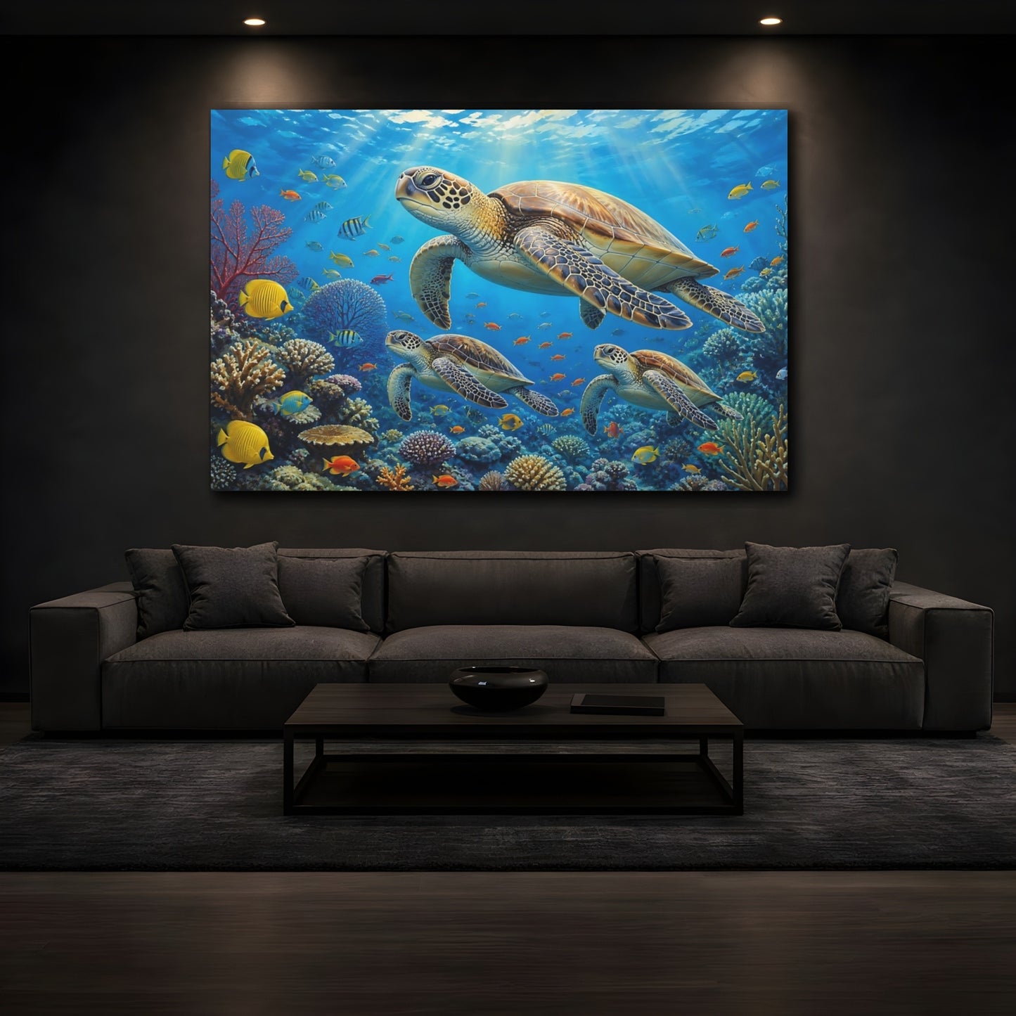 Mockup 4. Sunlit Natural Realism Sea Turtle And Fish Above Reef shown as stretched canvas wall art
