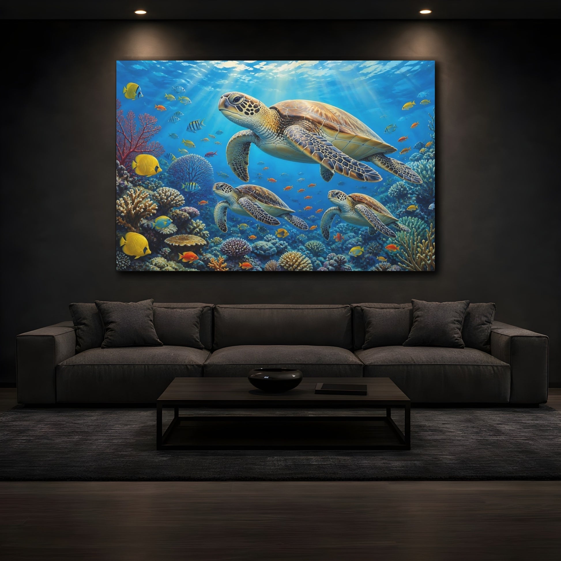 Mockup 4. Sunlit Natural Realism Sea Turtle And Fish Above Reef shown as stretched canvas wall art