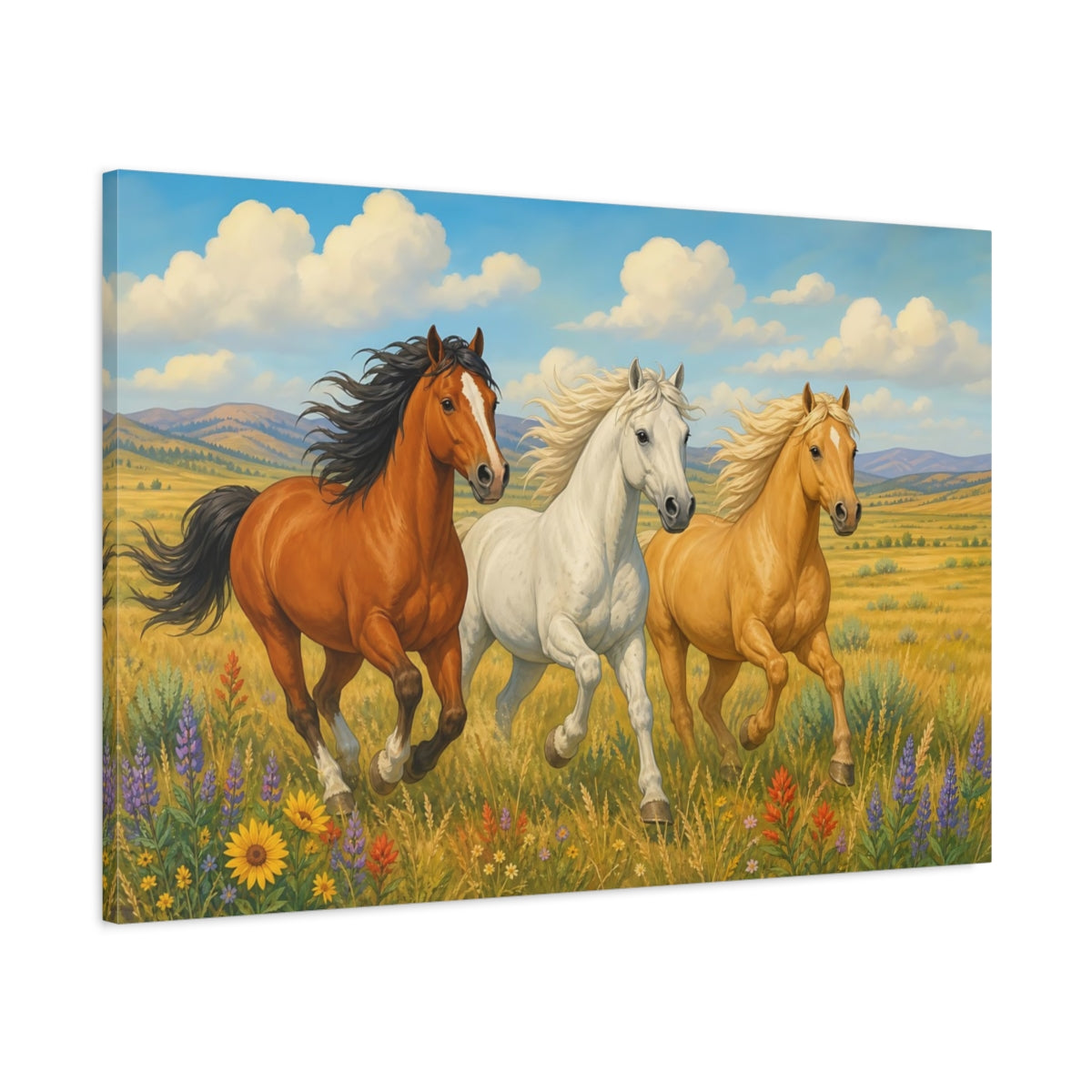 Main Mockup. Sunlit Natural Realism Three Horses Racing Across Prairie shown as stretched canvas wall art