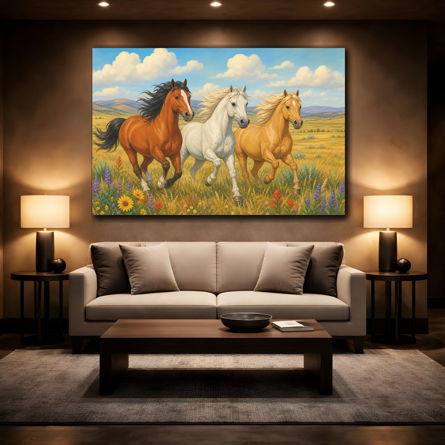 Mockup 2. Sunlit Natural Realism Three Horses Racing Across Prairie shown as stretched canvas wall art