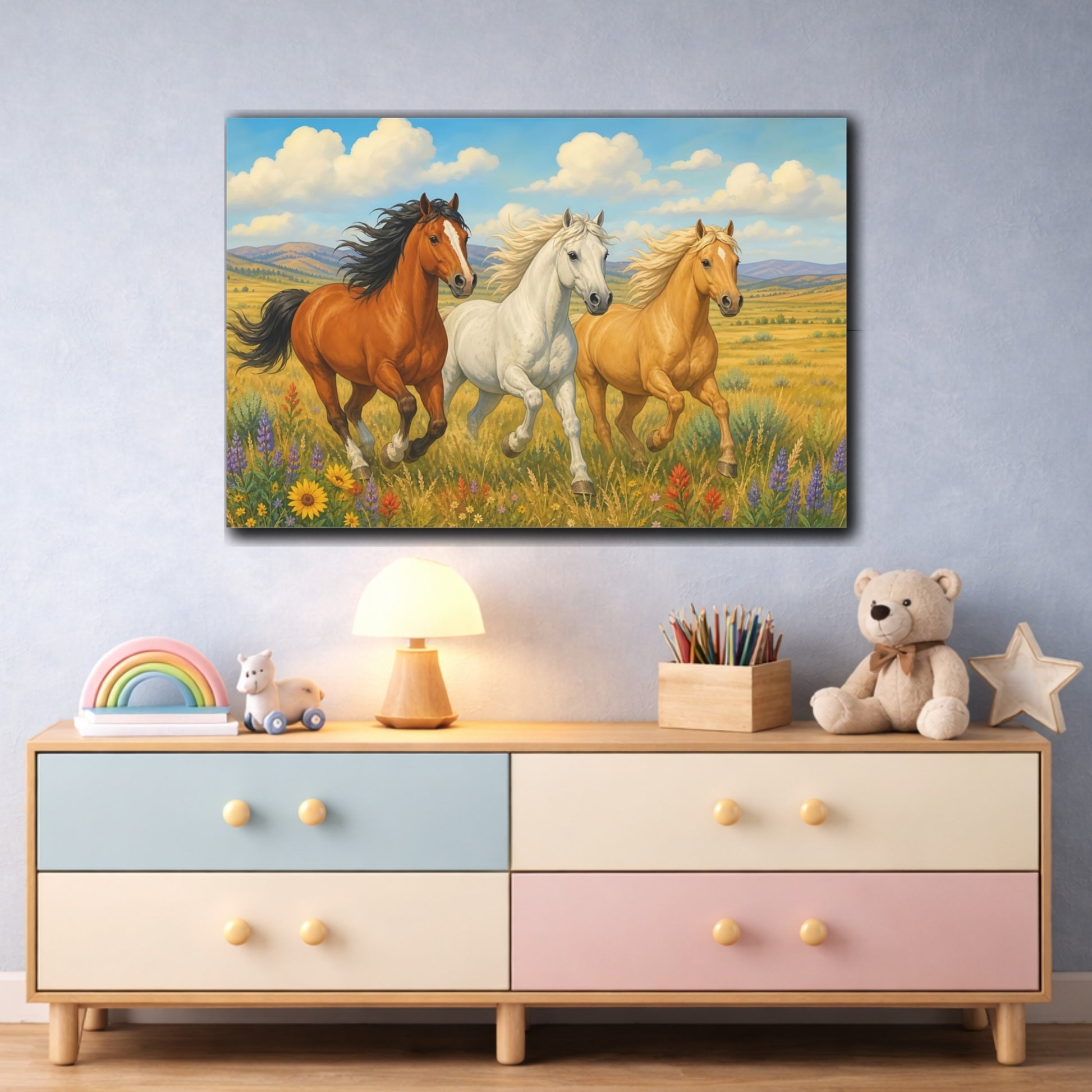 Mockup 3. Sunlit Natural Realism Three Horses Racing Across Prairie shown as stretched canvas wall art