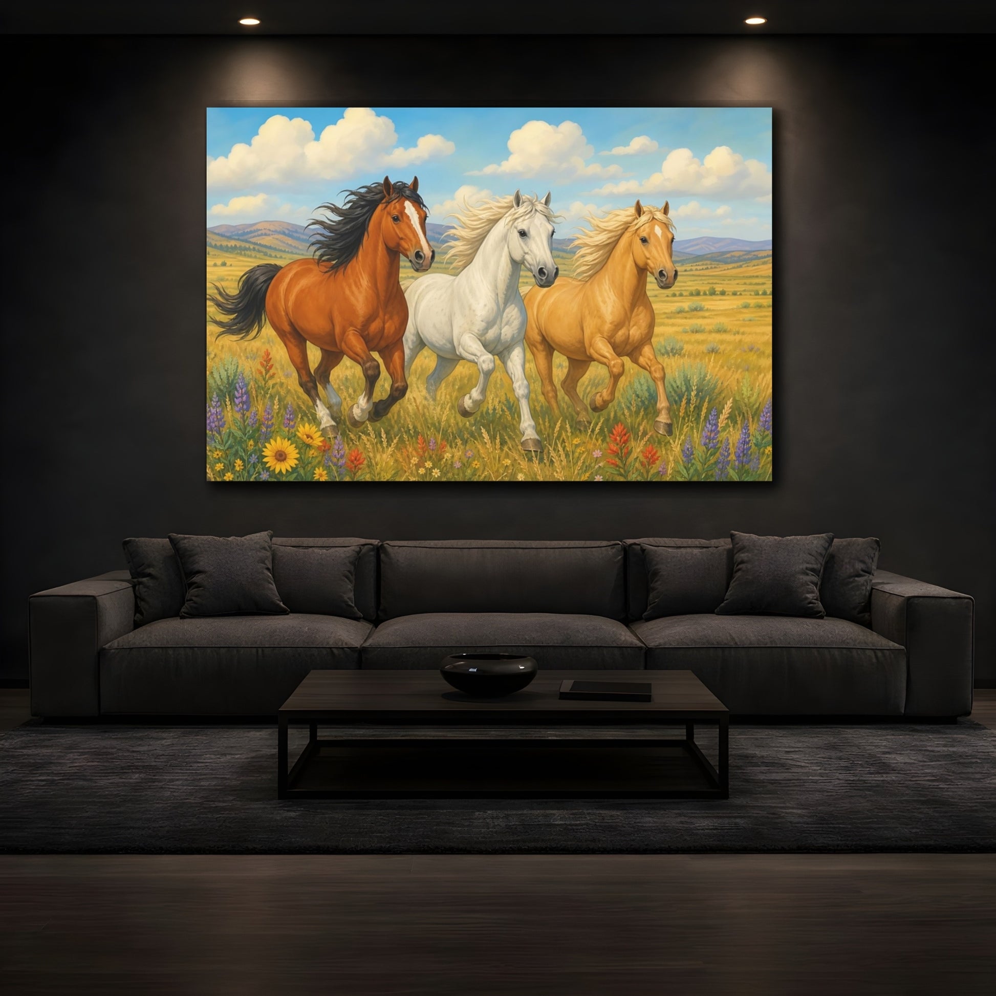 Mockup 4. Sunlit Natural Realism Three Horses Racing Across Prairie shown as stretched canvas wall art