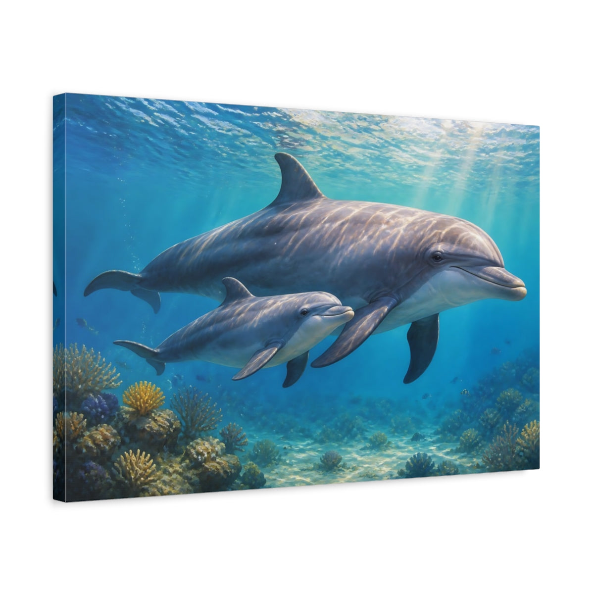 Side Mockup 3. Sunlit Natural Realism Young Dolphin Beside Mother shown as stretched canvas wall art