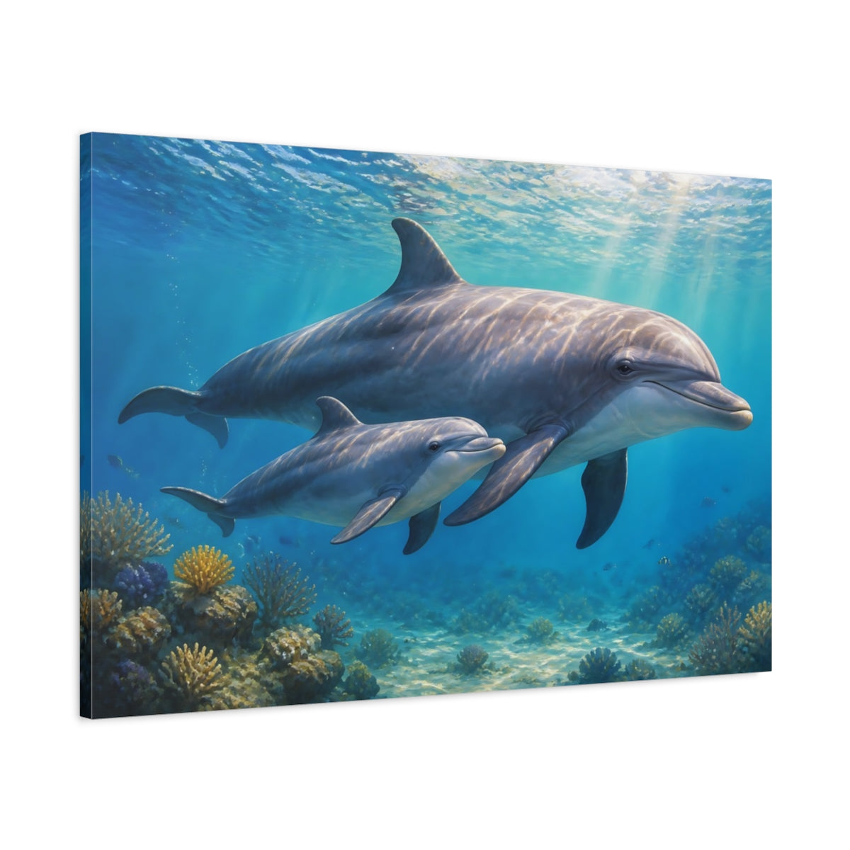 Main Mockup. Sunlit Natural Realism Young Dolphin Beside Mother shown as stretched canvas wall art