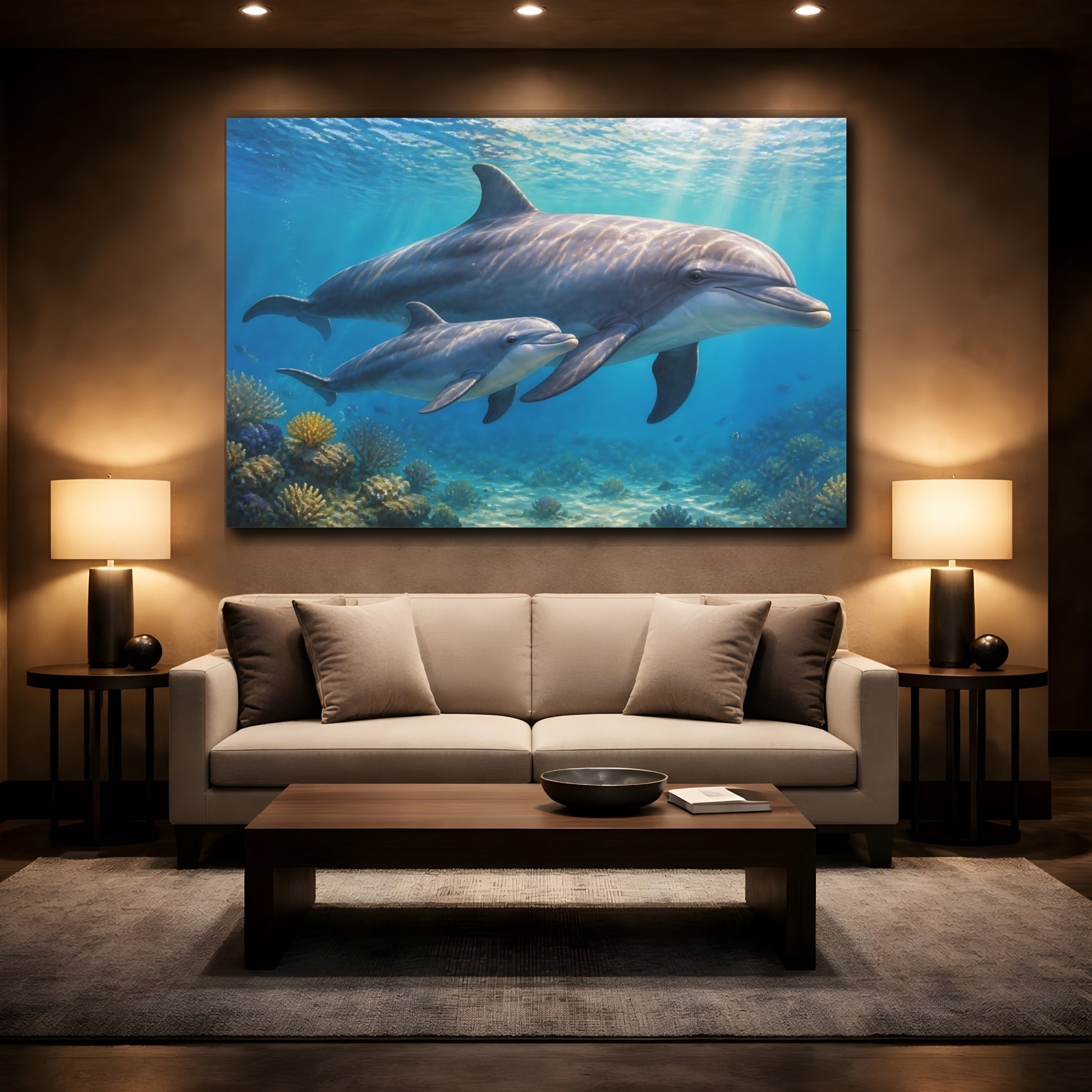 Mockup 2. Sunlit Natural Realism Young Dolphin Beside Mother shown as stretched canvas wall art