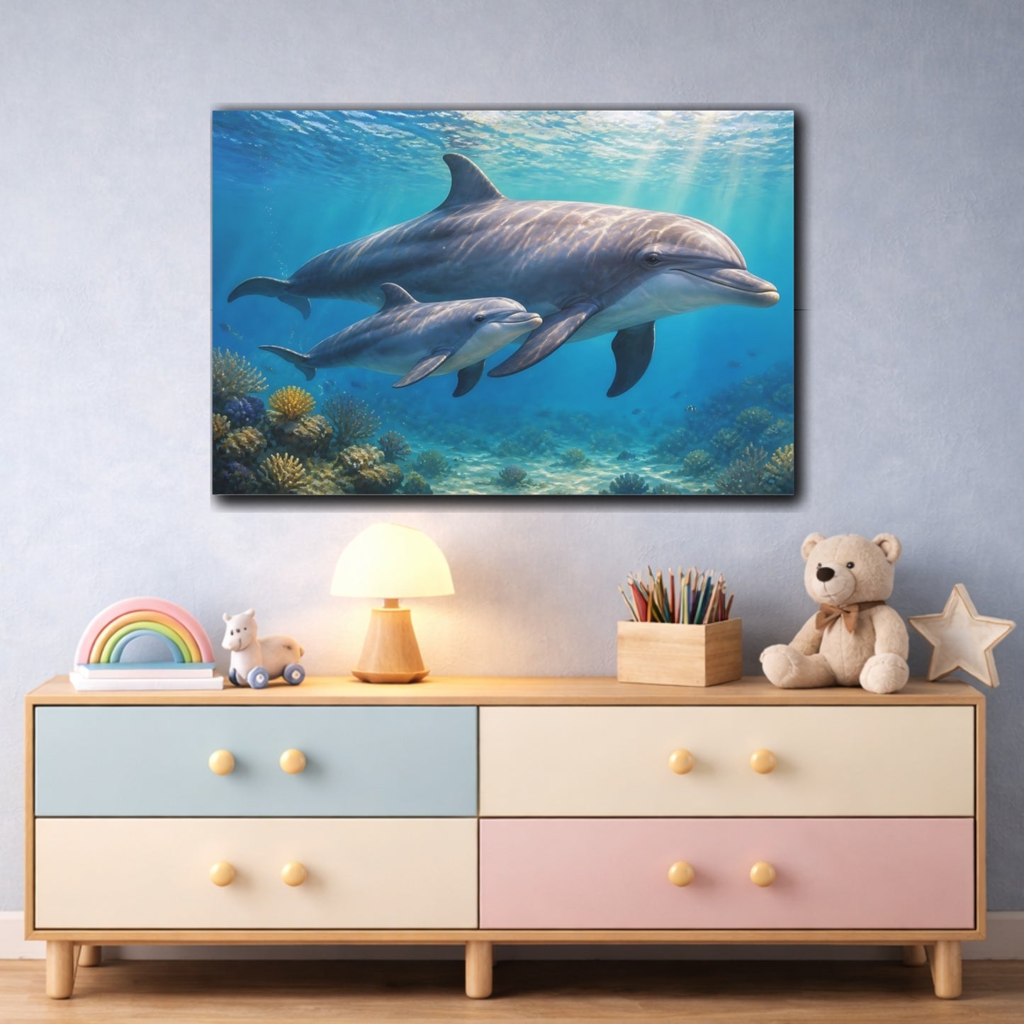 Mockup 3. Sunlit Natural Realism Young Dolphin Beside Mother shown as stretched canvas wall art