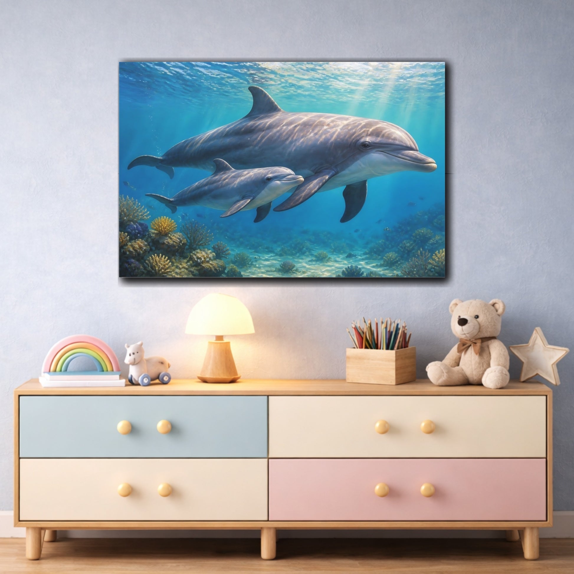 Mockup 3. Sunlit Natural Realism Young Dolphin Beside Mother shown as stretched canvas wall art