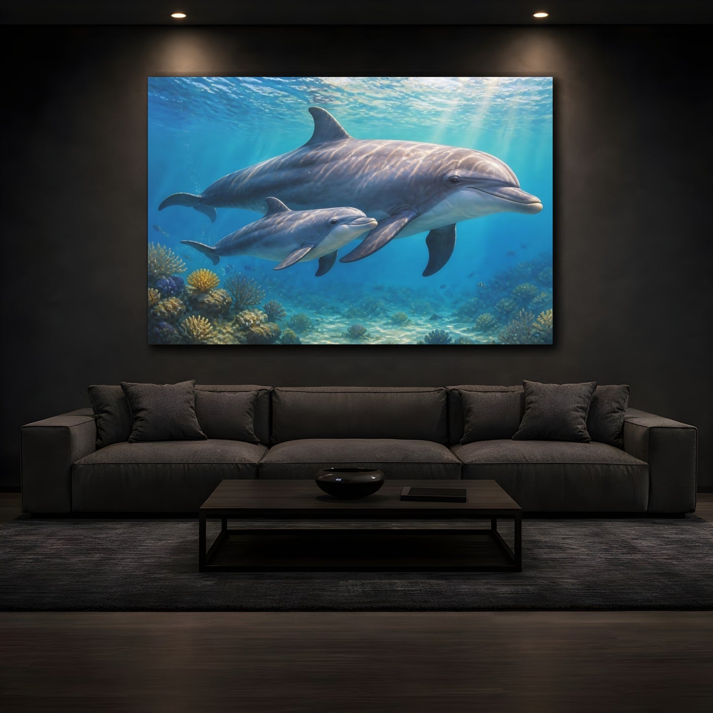 Mockup 4. Sunlit Natural Realism Young Dolphin Beside Mother shown as stretched canvas wall art