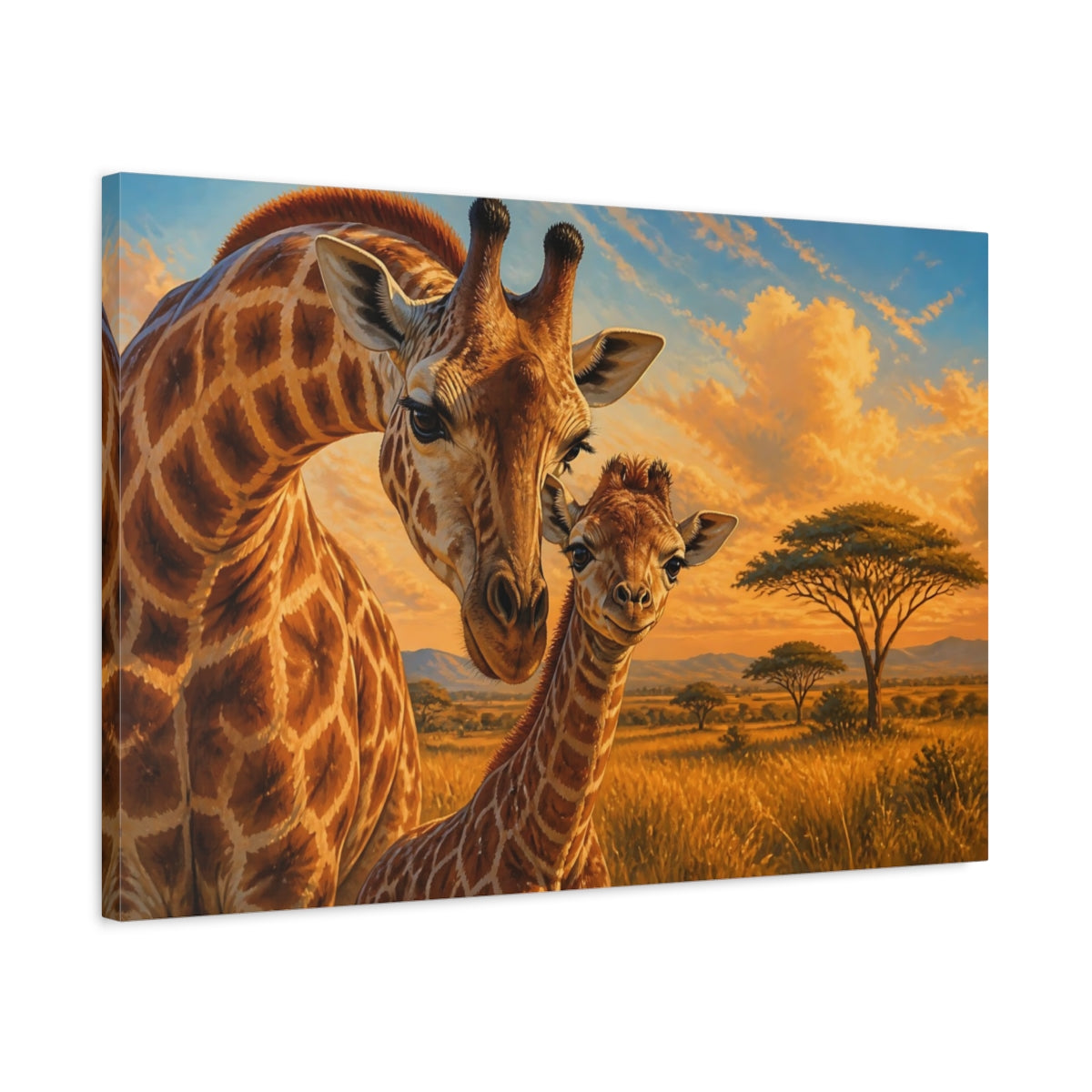 Side Mockup 2. Sunlit Natural Realism Young Giraffe Beside Mother shown as stretched canvas wall art