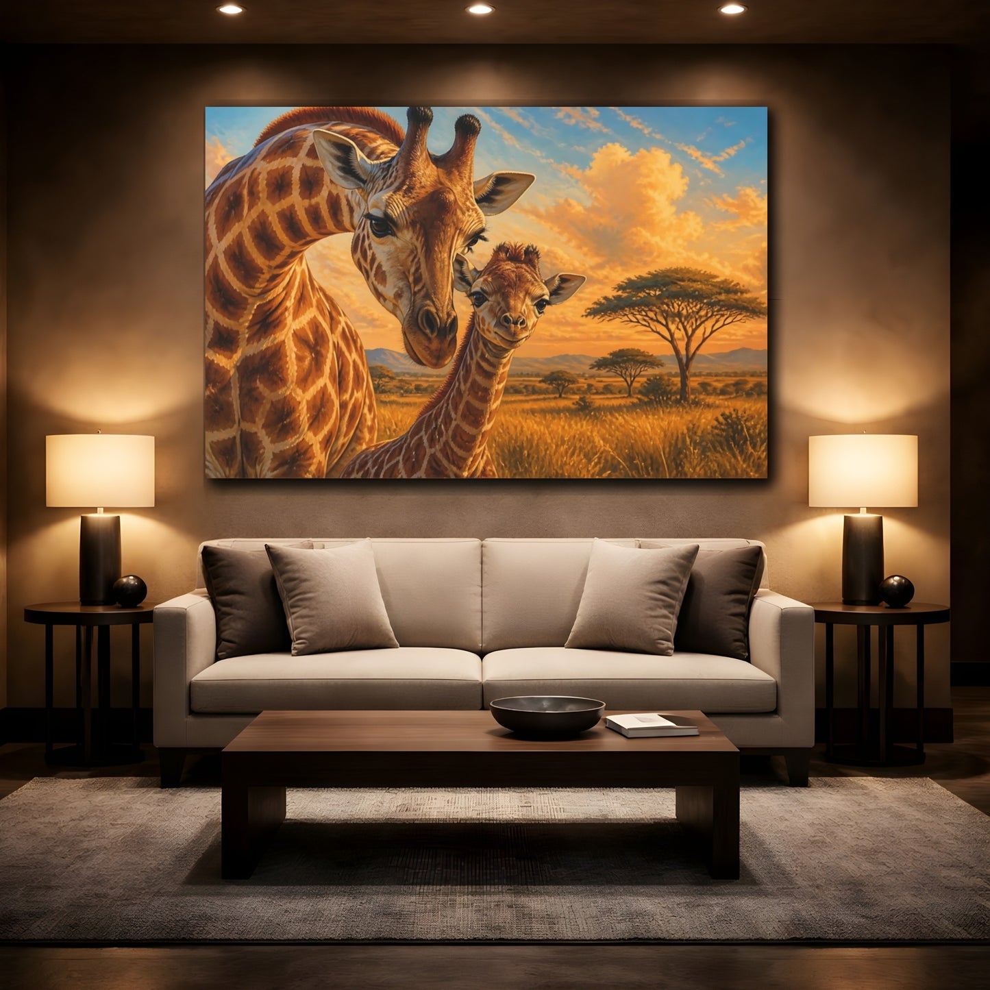 Mockup 2. Sunlit Natural Realism Young Giraffe Beside Mother shown as stretched canvas wall art