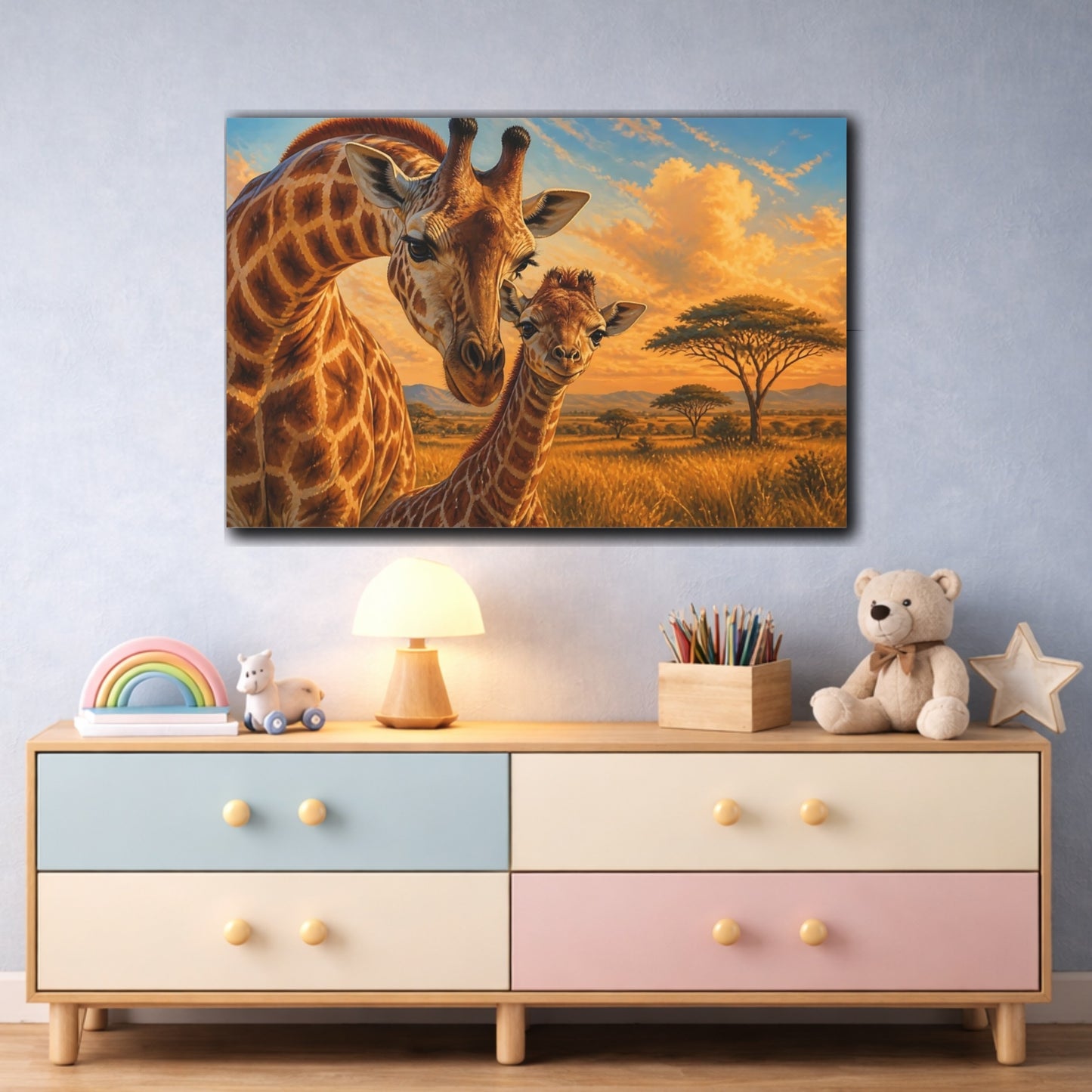 Mockup 3. Sunlit Natural Realism Young Giraffe Beside Mother shown as stretched canvas wall art