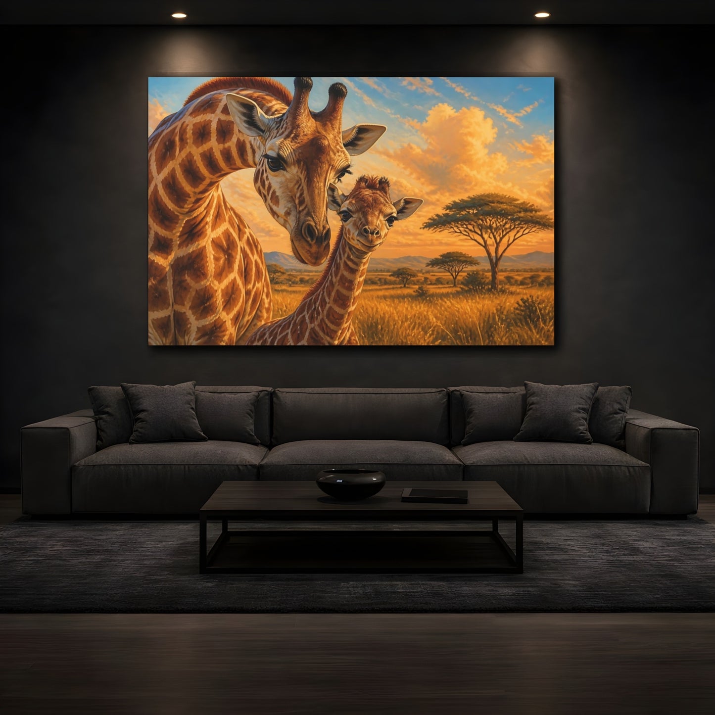 Mockup 4. Sunlit Natural Realism Young Giraffe Beside Mother shown as stretched canvas wall art