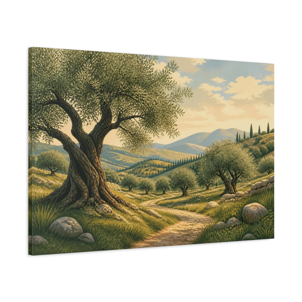 Main Mockup. Sunlit Olive Grove Landscape shown as canvas print