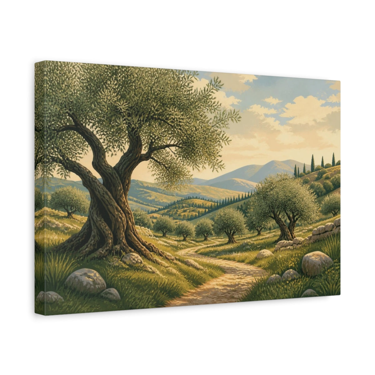 Side Mockup 4. Sunlit Olive Grove Landscape shown as canvas print