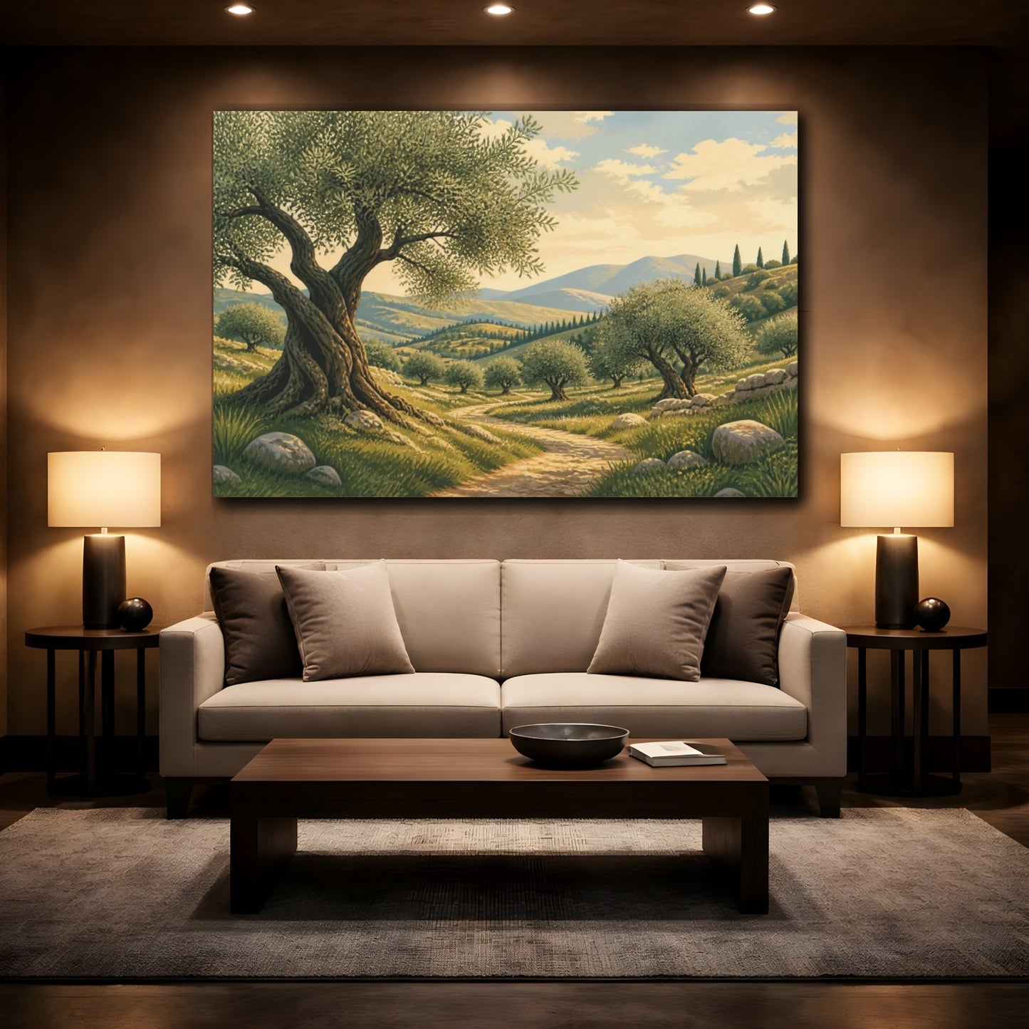 Mockup 2. Sunlit Olive Grove Landscape shown as canvas print
