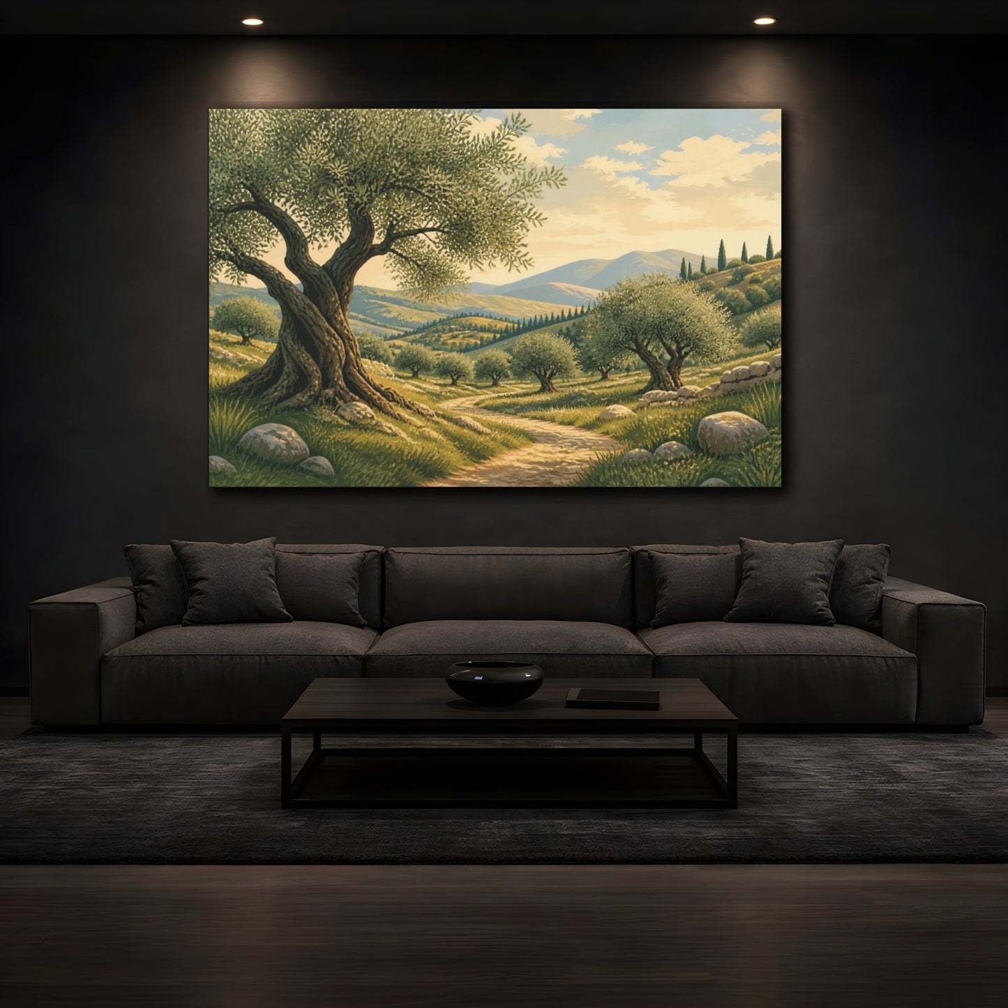 Mockup 3. Sunlit Olive Grove Landscape shown as canvas print