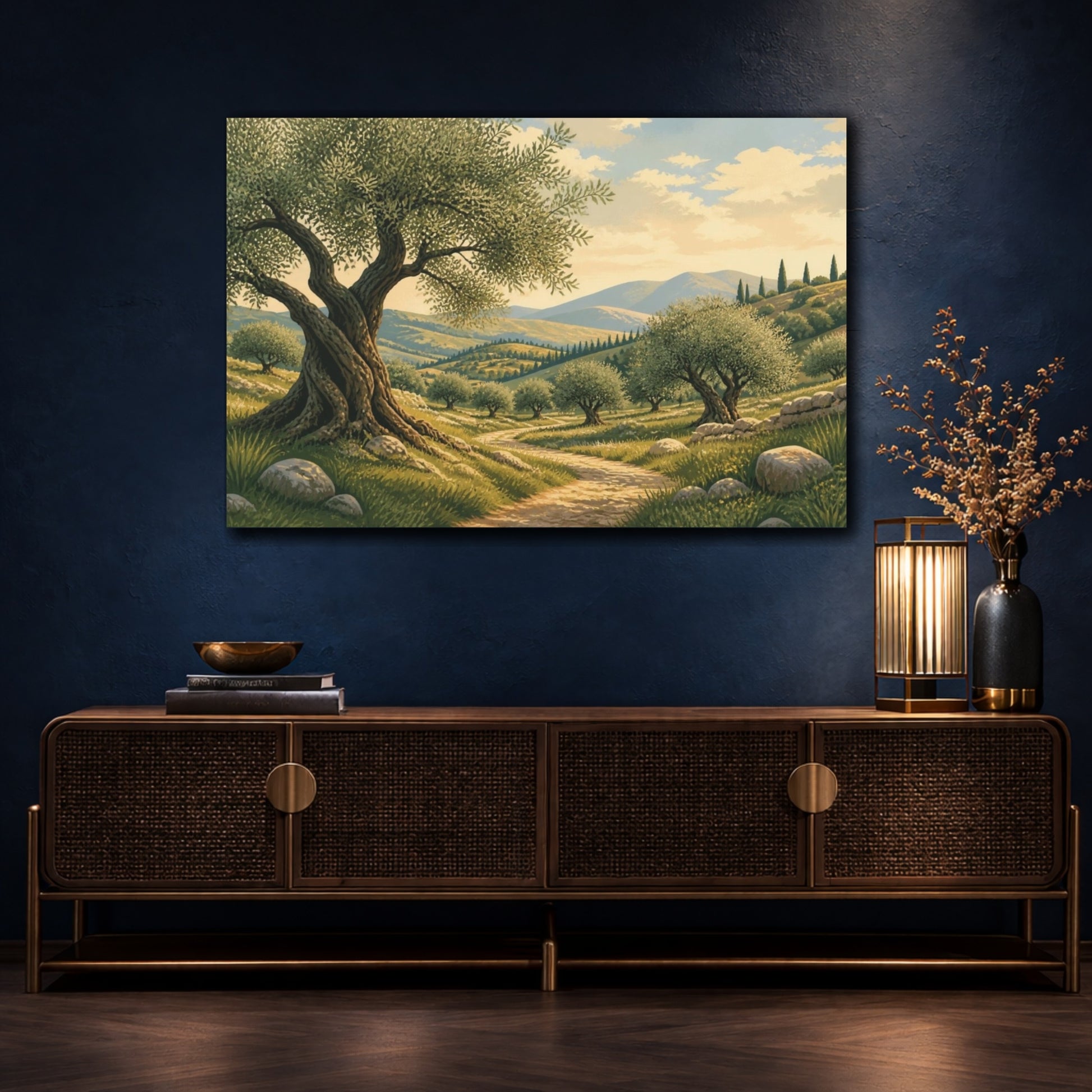 Mockup 4. Sunlit Olive Grove Landscape shown as canvas print