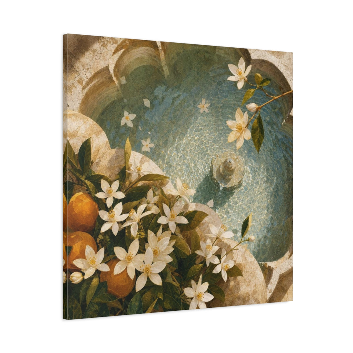 Main Mockup. Sunlit Orange Blossom Fountain shown as canvas print