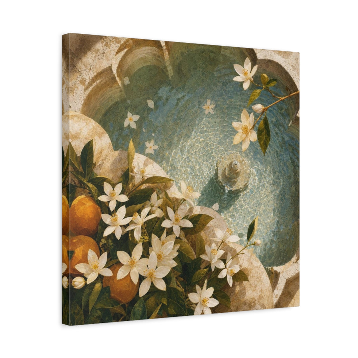 Side Mockup 5. Sunlit Orange Blossom Fountain shown as canvas print