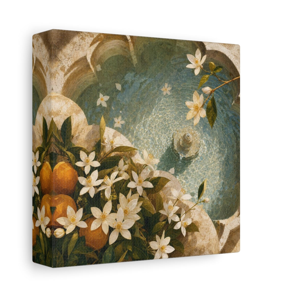 Side Mockup 2. Sunlit Orange Blossom Fountain shown as canvas print
