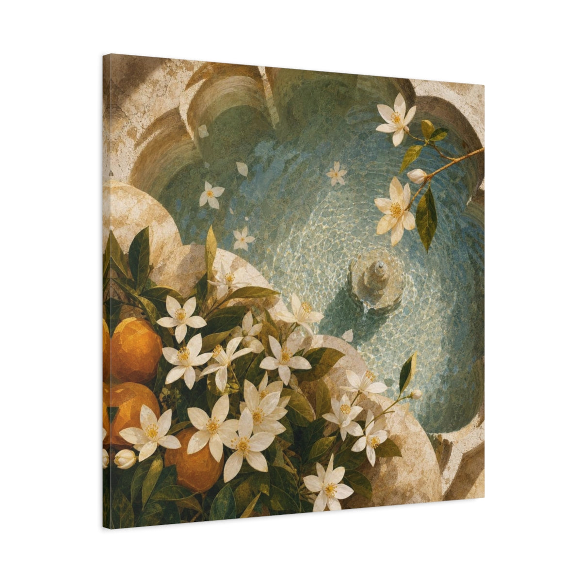 Side Mockup 3. Sunlit Orange Blossom Fountain shown as canvas print