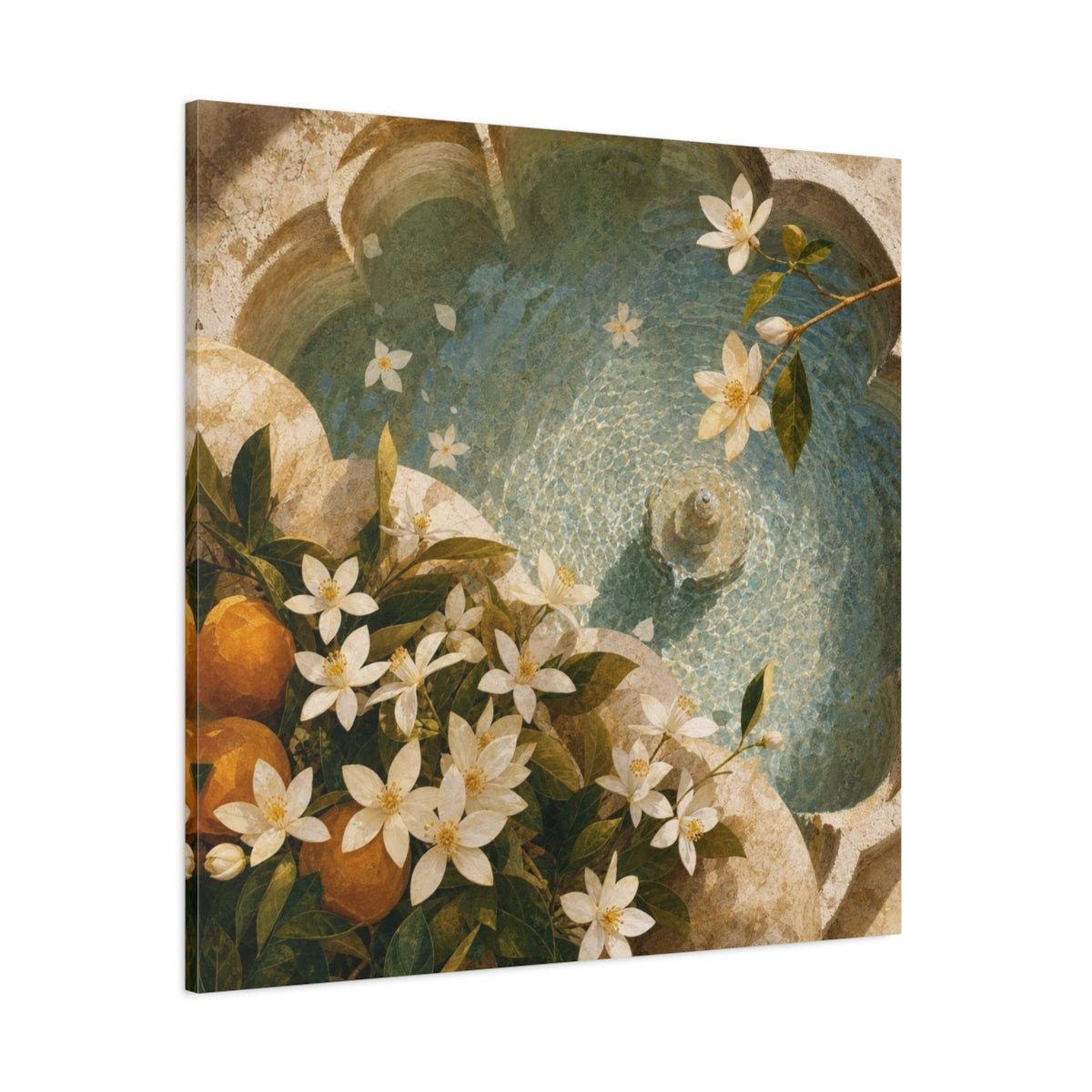 Side Mockup 1. Sunlit Orange Blossom Fountain shown as canvas print