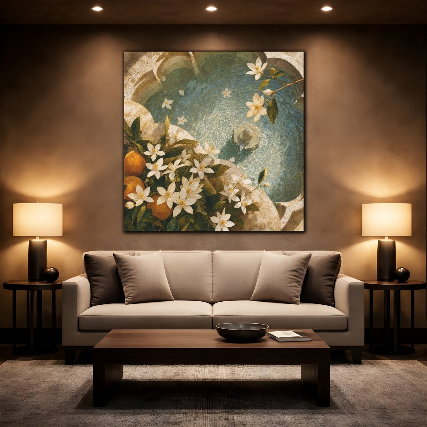 Mockup 2. Sunlit Orange Blossom Fountain shown as canvas print