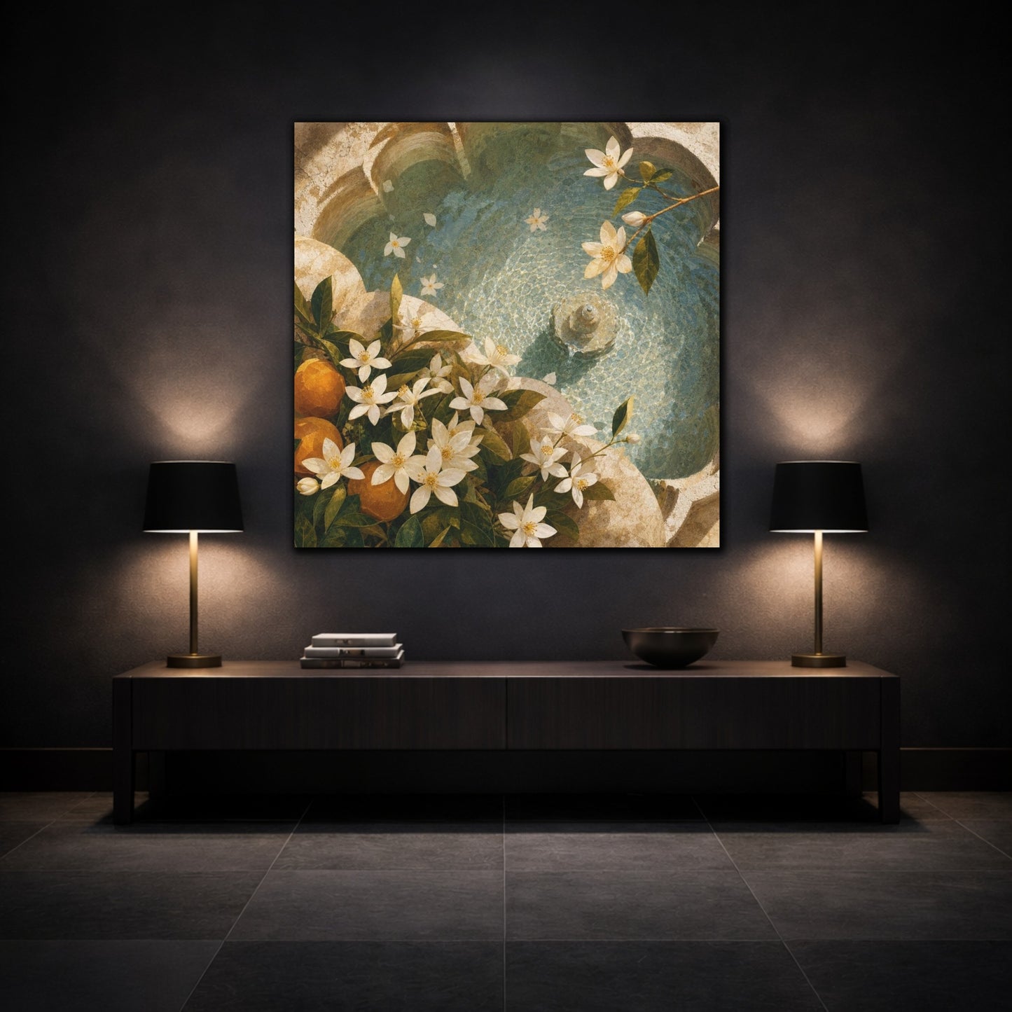 Mockup 3. Sunlit Orange Blossom Fountain shown as canvas print