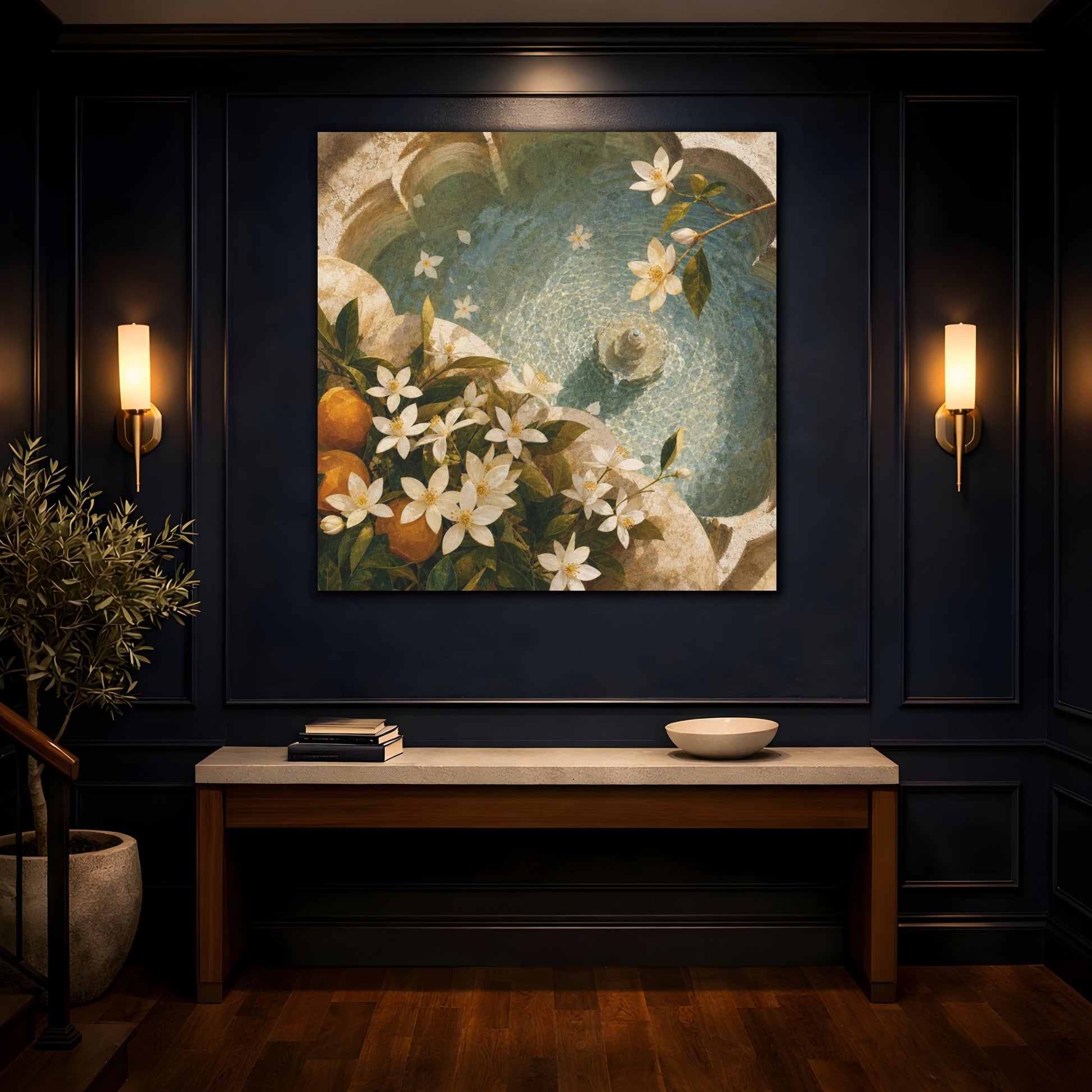 Mockup 4. Sunlit Orange Blossom Fountain shown as canvas print