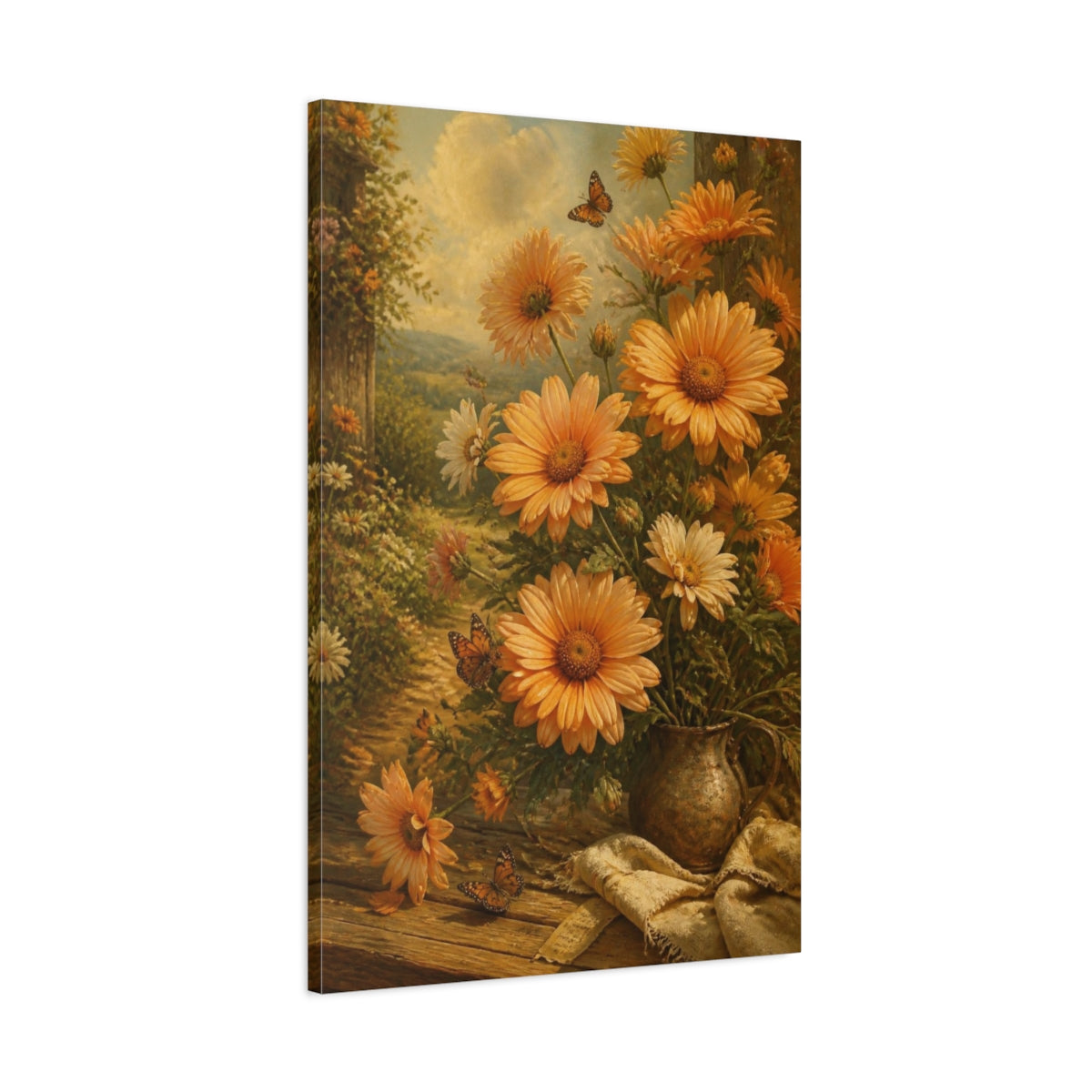 Main Mockup. Sunlit Orange Flowers Bouquet shown as canvas print