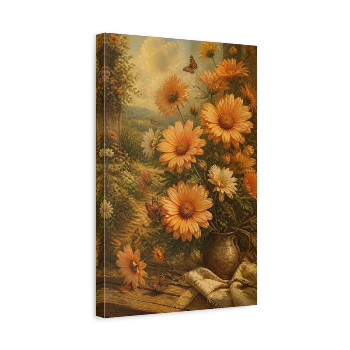 Side Mockup 4. Sunlit Orange Flowers Bouquet shown as canvas print