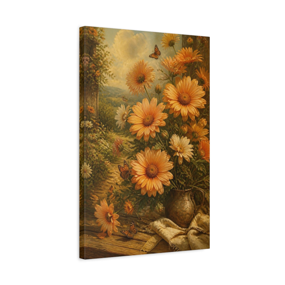 Side Mockup 3. Sunlit Orange Flowers Bouquet shown as canvas print