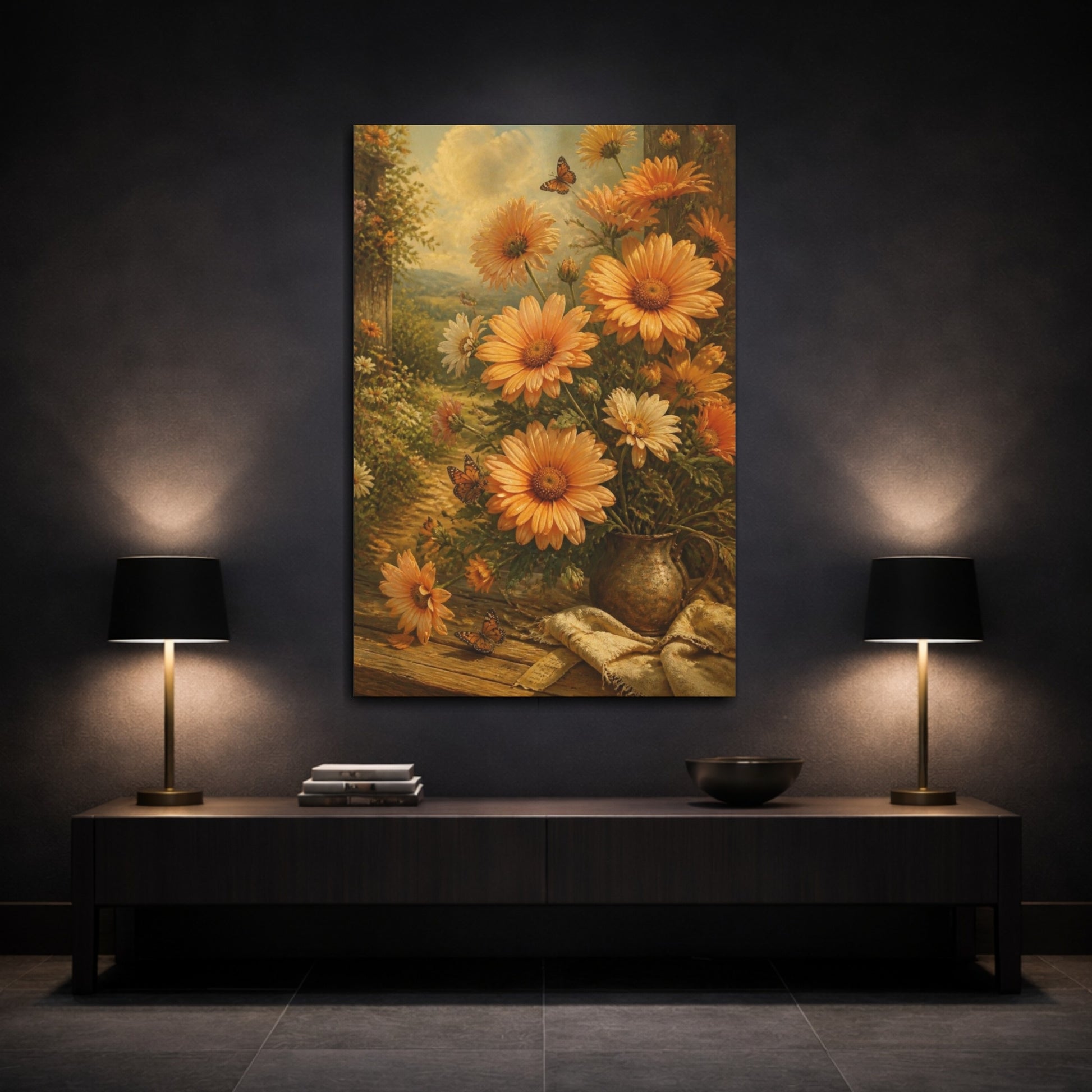 Mockup 3. Sunlit Orange Flowers Bouquet shown as canvas print