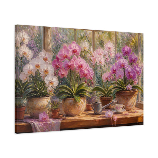 Main Mockup. Sunlit Orchid Arrangement shown as canvas print