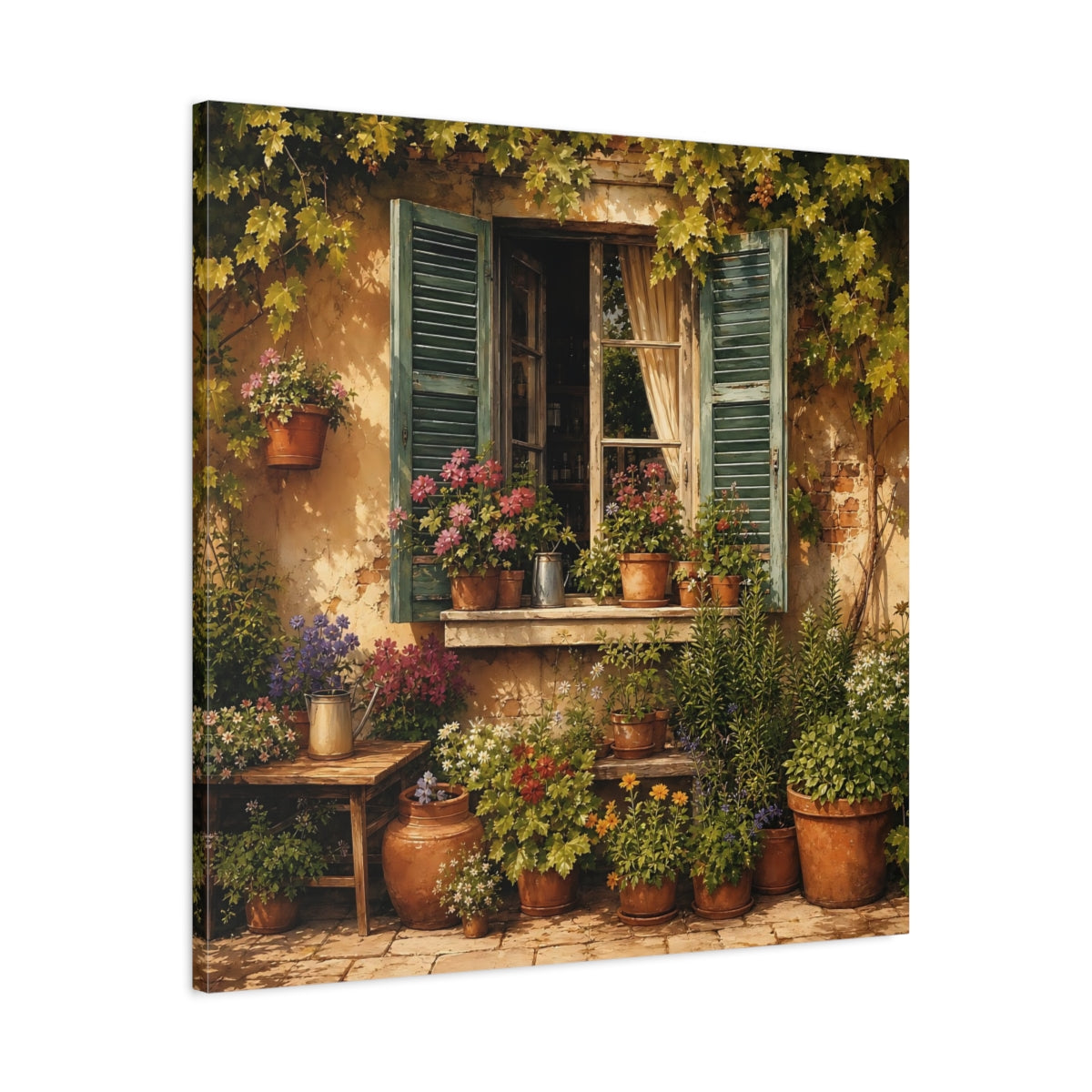 Side Mockup 3. Sunlit Painterly Realism Garden Window Filled With Plants shown as stretched canvas wall art
