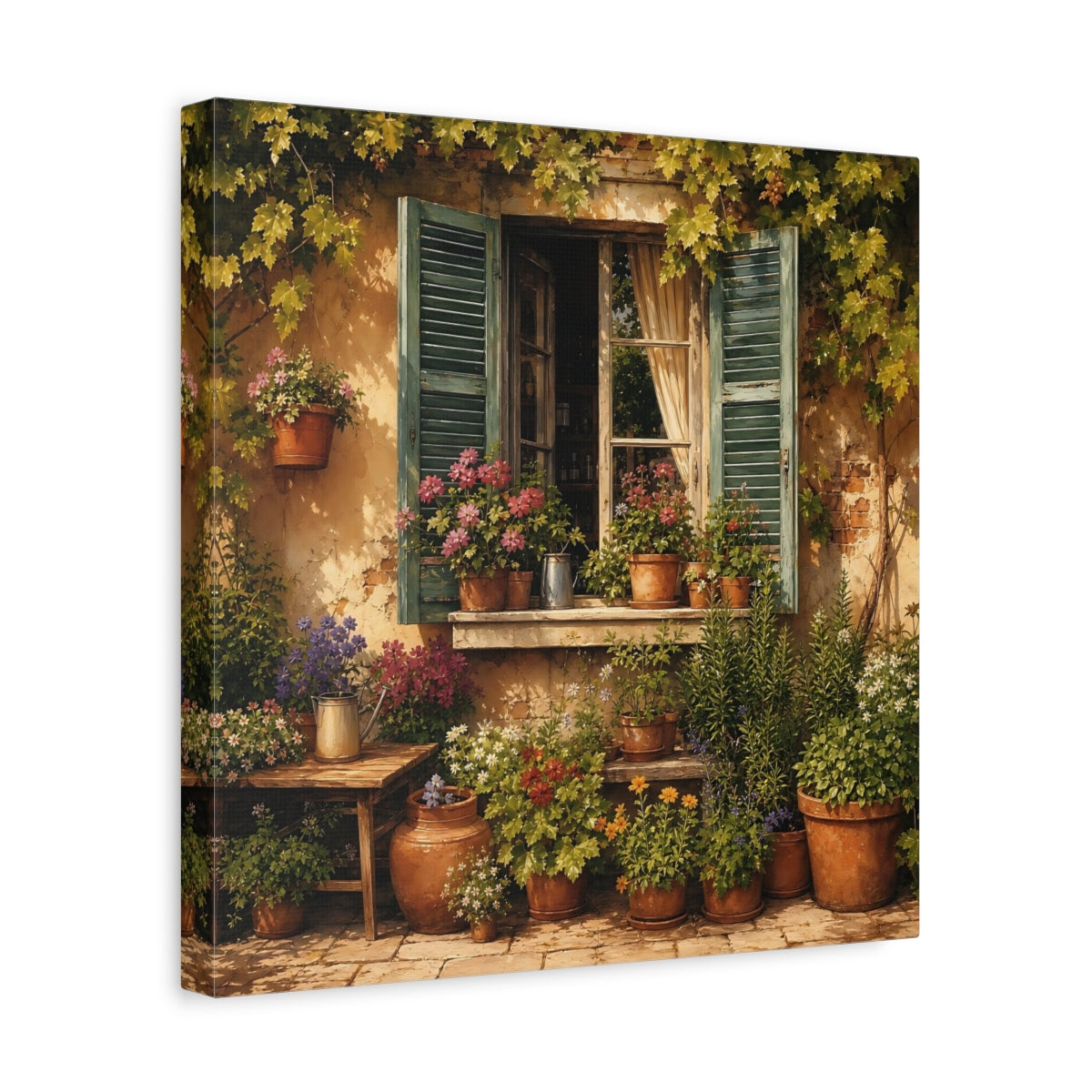 Side Mockup 7. Sunlit Painterly Realism Garden Window Filled With Plants shown as stretched canvas wall art