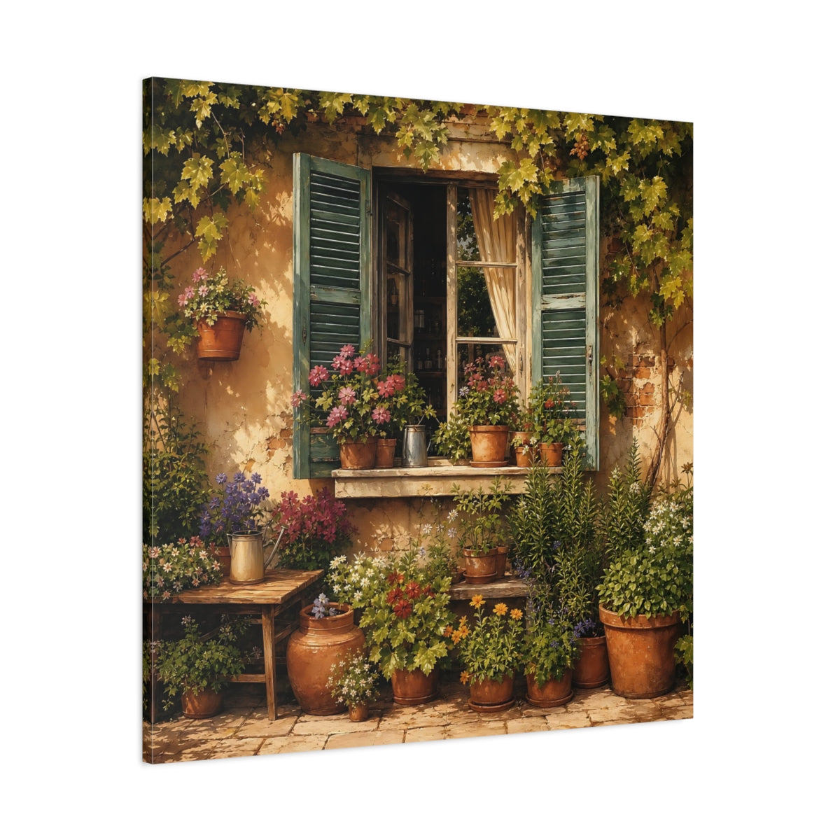 Side Mockup 1. Sunlit Painterly Realism Garden Window Filled With Plants shown as stretched canvas wall art