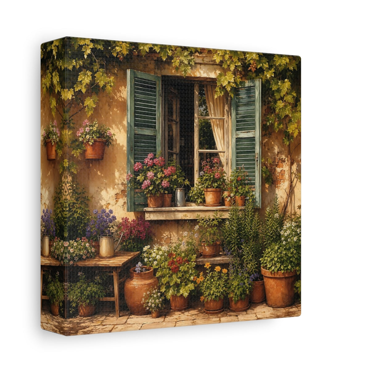 Side Mockup 2. Sunlit Painterly Realism Garden Window Filled With Plants shown as stretched canvas wall art