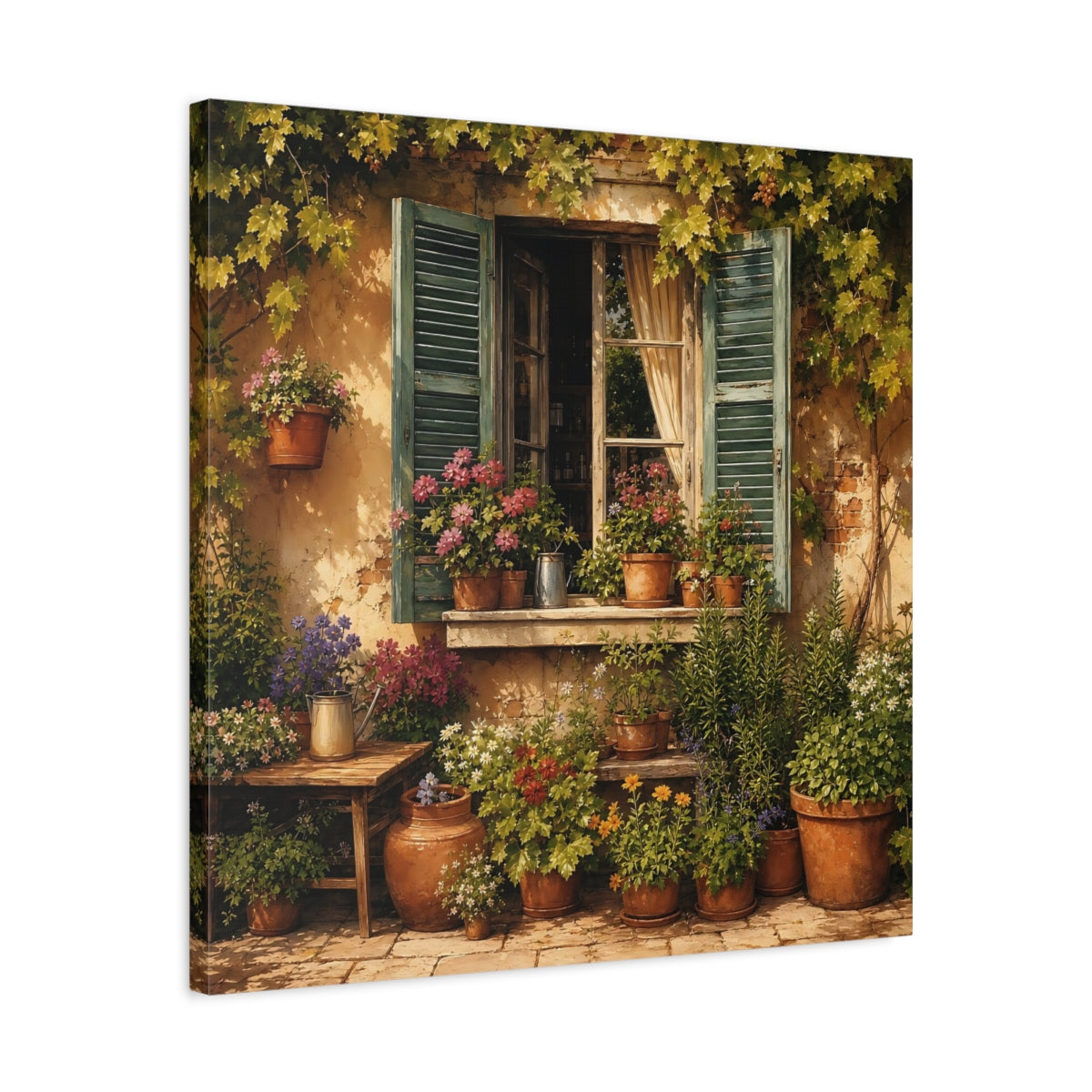 Side Mockup 4. Sunlit Painterly Realism Garden Window Filled With Plants shown as stretched canvas wall art