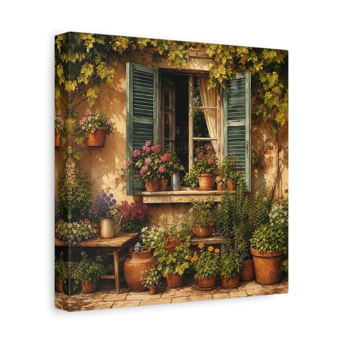 Side Mockup 9. Sunlit Painterly Realism Garden Window Filled With Plants shown as stretched canvas wall art