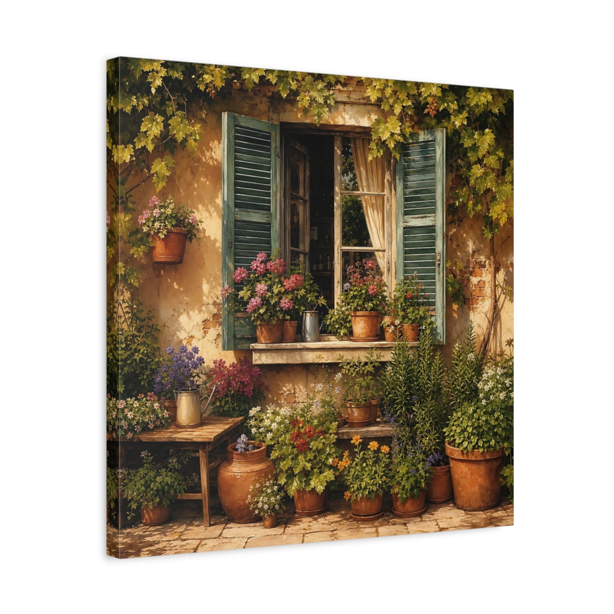 Side Mockup 5. Sunlit Painterly Realism Garden Window Filled With Plants shown as stretched canvas wall art