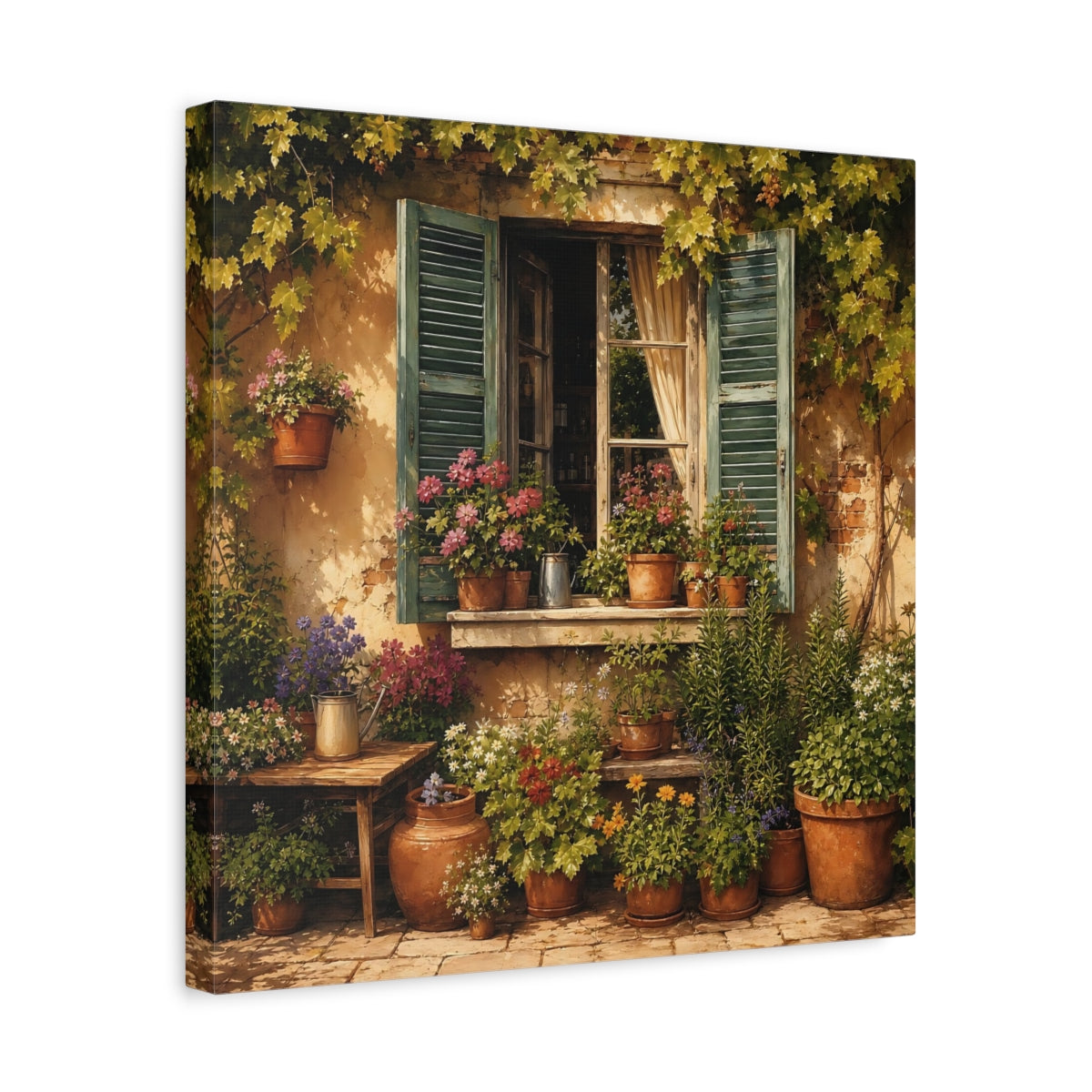 Side Mockup 6. Sunlit Painterly Realism Garden Window Filled With Plants shown as stretched canvas wall art