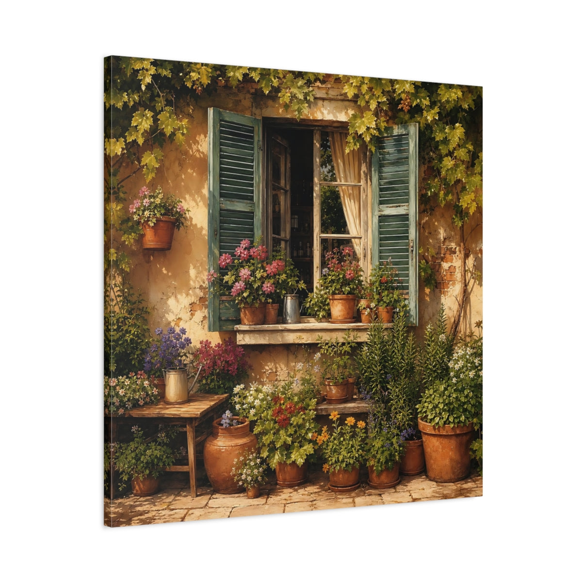 Main Mockup. Sunlit Painterly Realism Garden Window Filled With Plants shown as stretched canvas wall art
