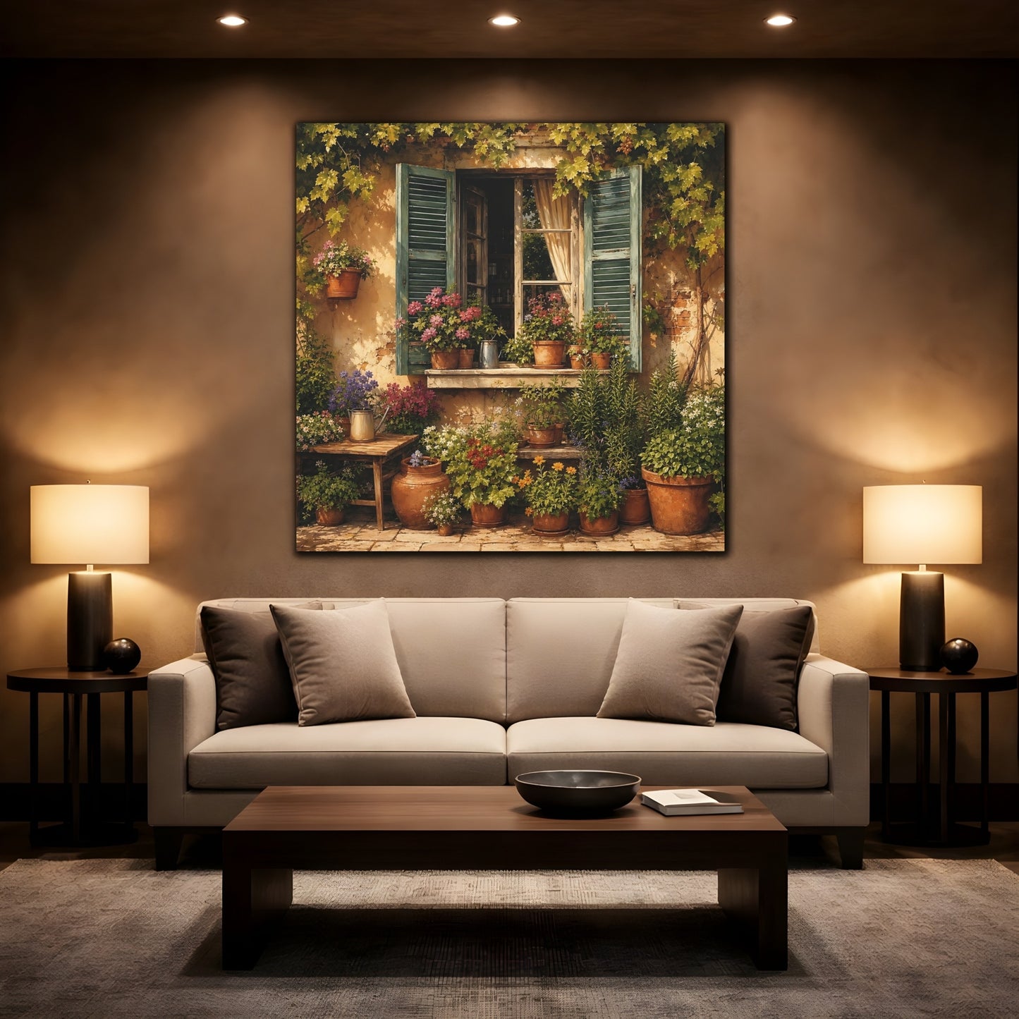 Mockup 2. Sunlit Painterly Realism Garden Window Filled With Plants shown as stretched canvas wall art